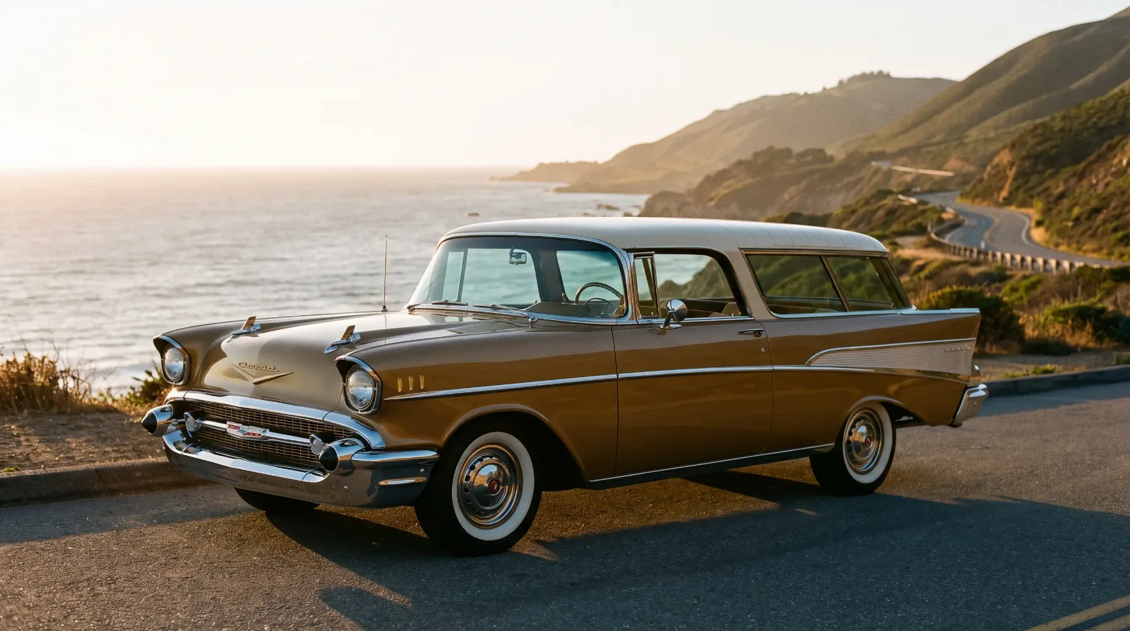 1957 Chevrolet Nomad station wagon, three-quarter front view, cinematic editorial hero photo