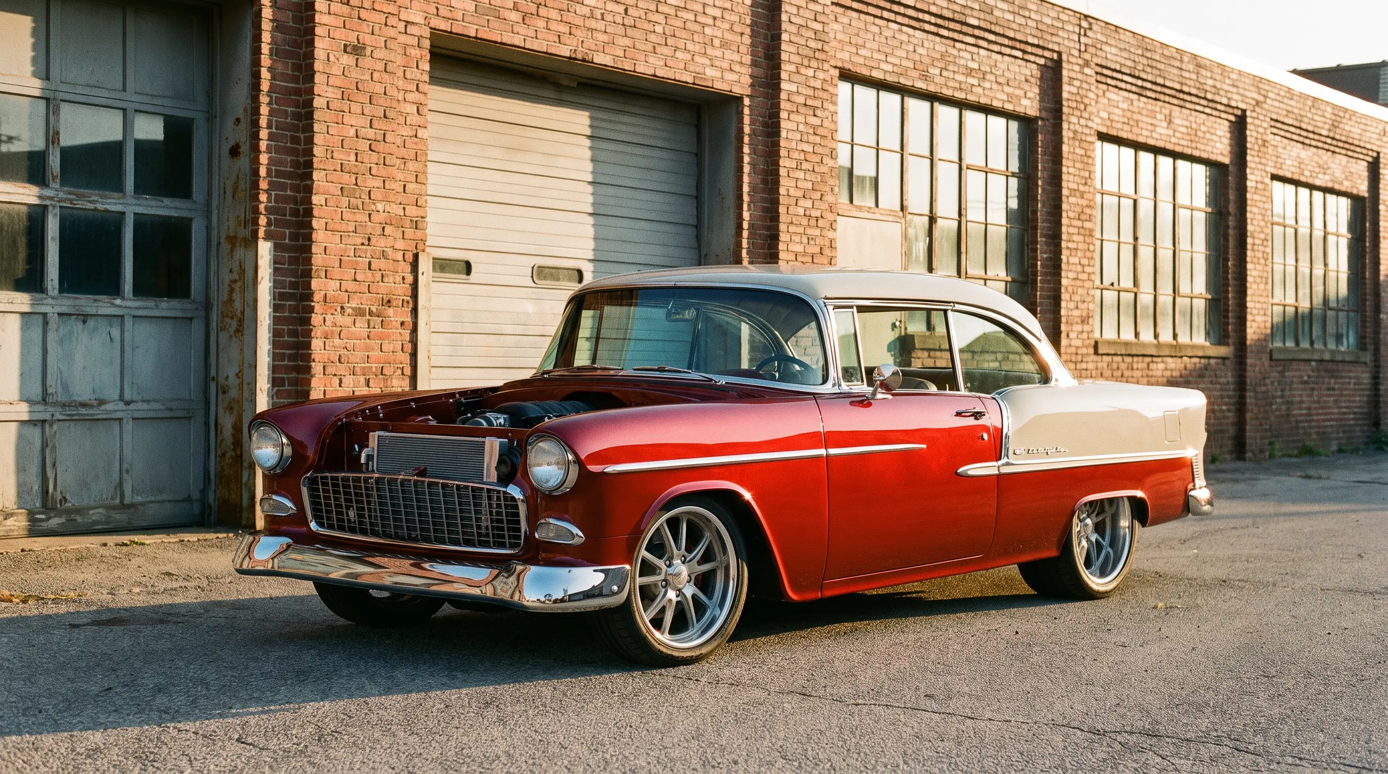 Restomod 1955 Chevrolet Bel Air with lowered stance outside an industrial garage