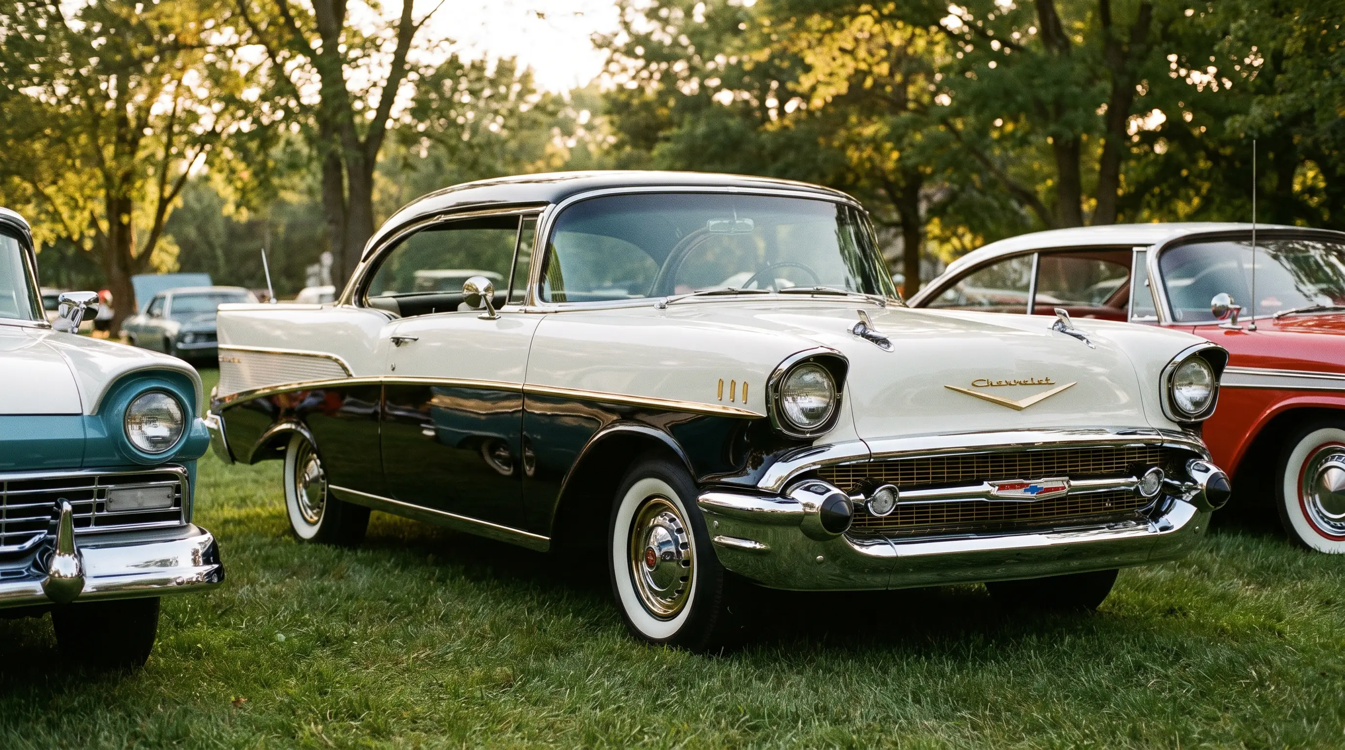 Two tone 1957 Chevrolet Bel Air parked among rival cars at a car show