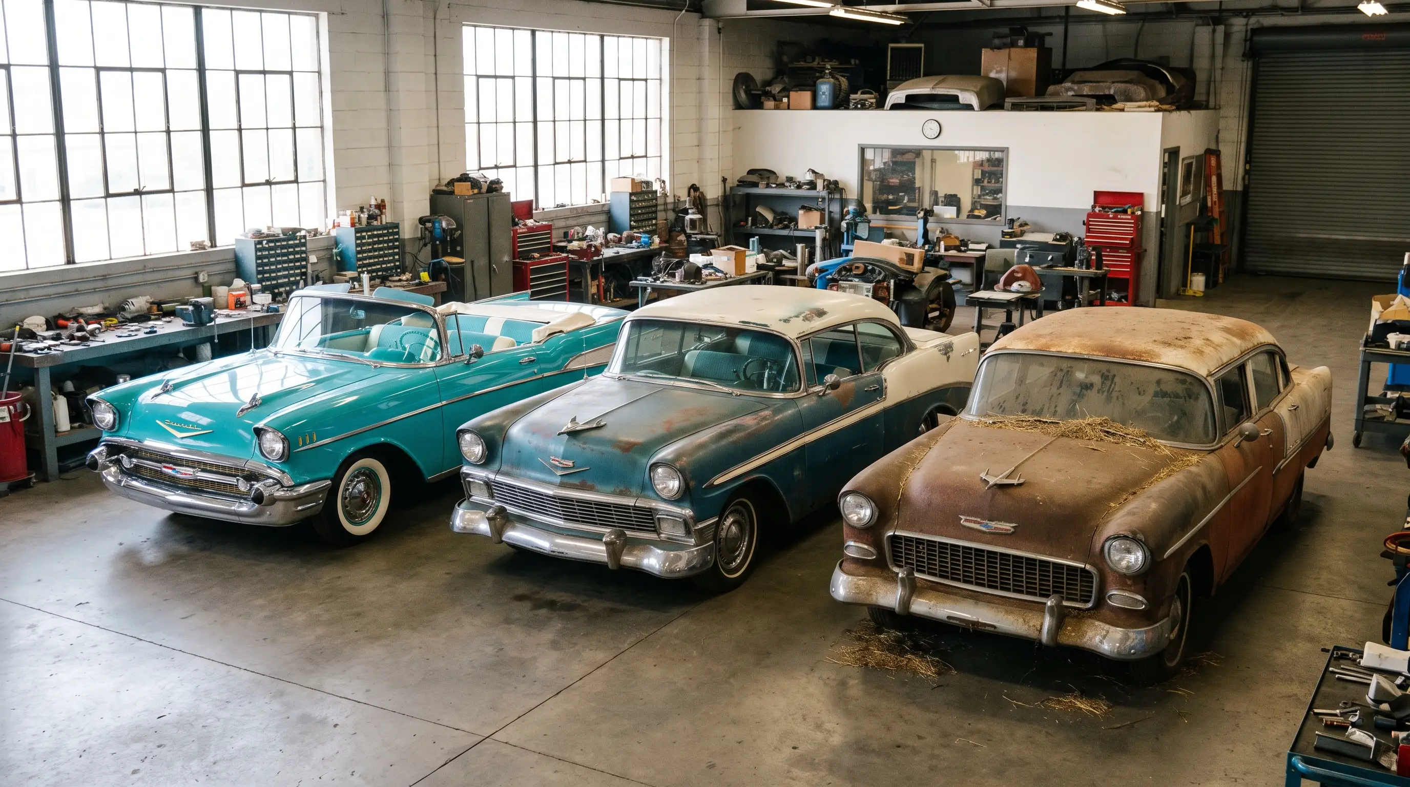 Three 1955-1957 Chevrolet Bel Air cars in different condition tiers in a restoration shop
