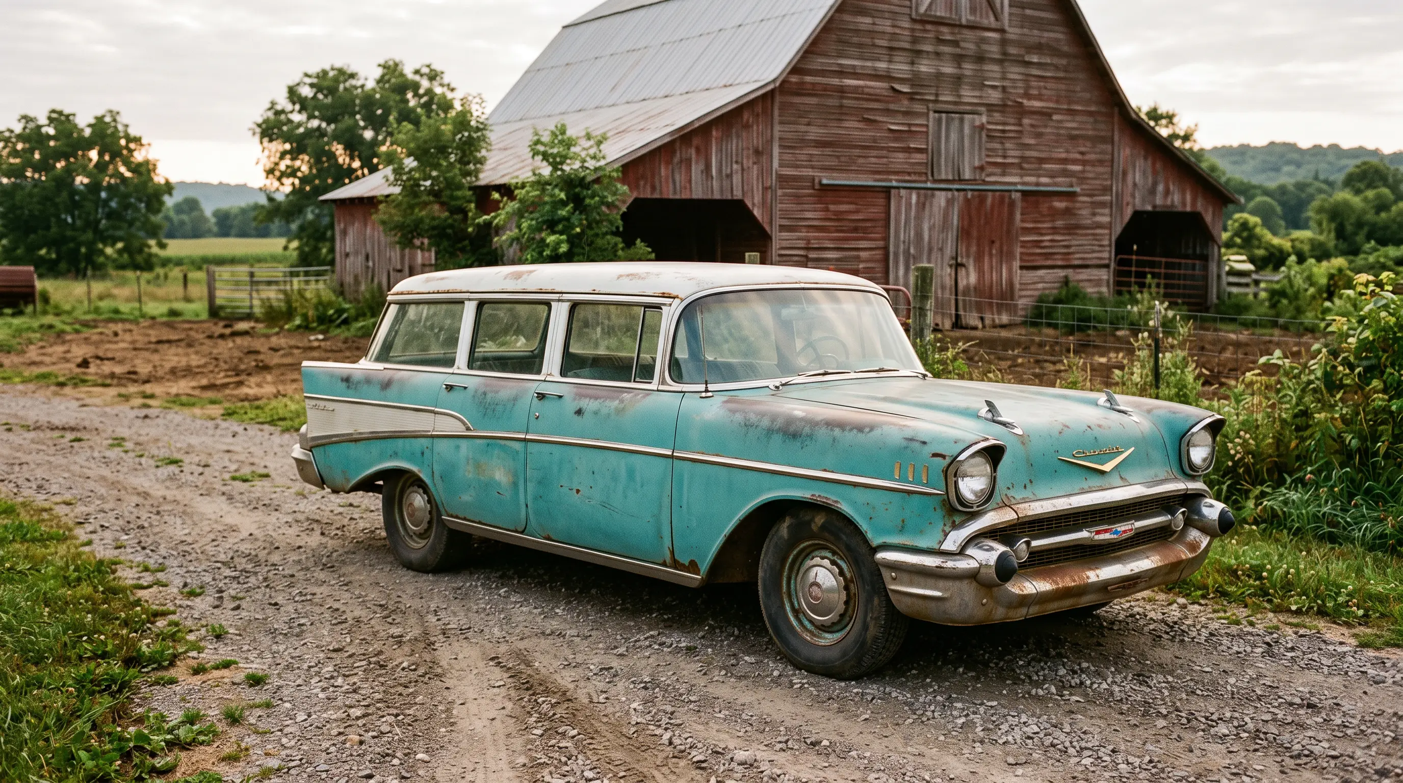 Weathered turquoise 1957 Chevrolet Bel Air wagon parked at a barn