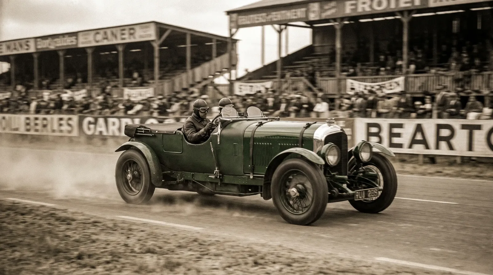 Vintage green Bentley racing at Le Mans