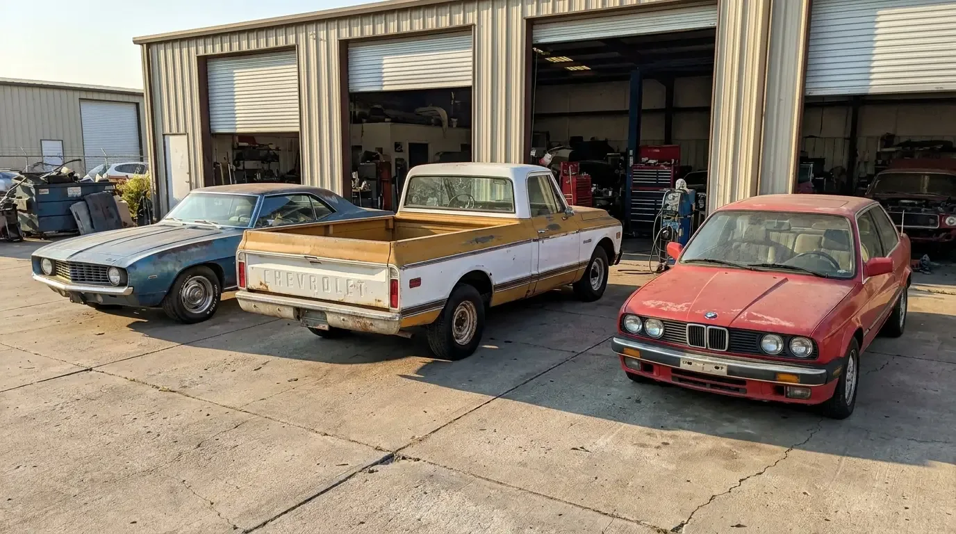 A muscle car, a classic pickup and a European coupe lined up outside a restoration shop as restomod donor candidates