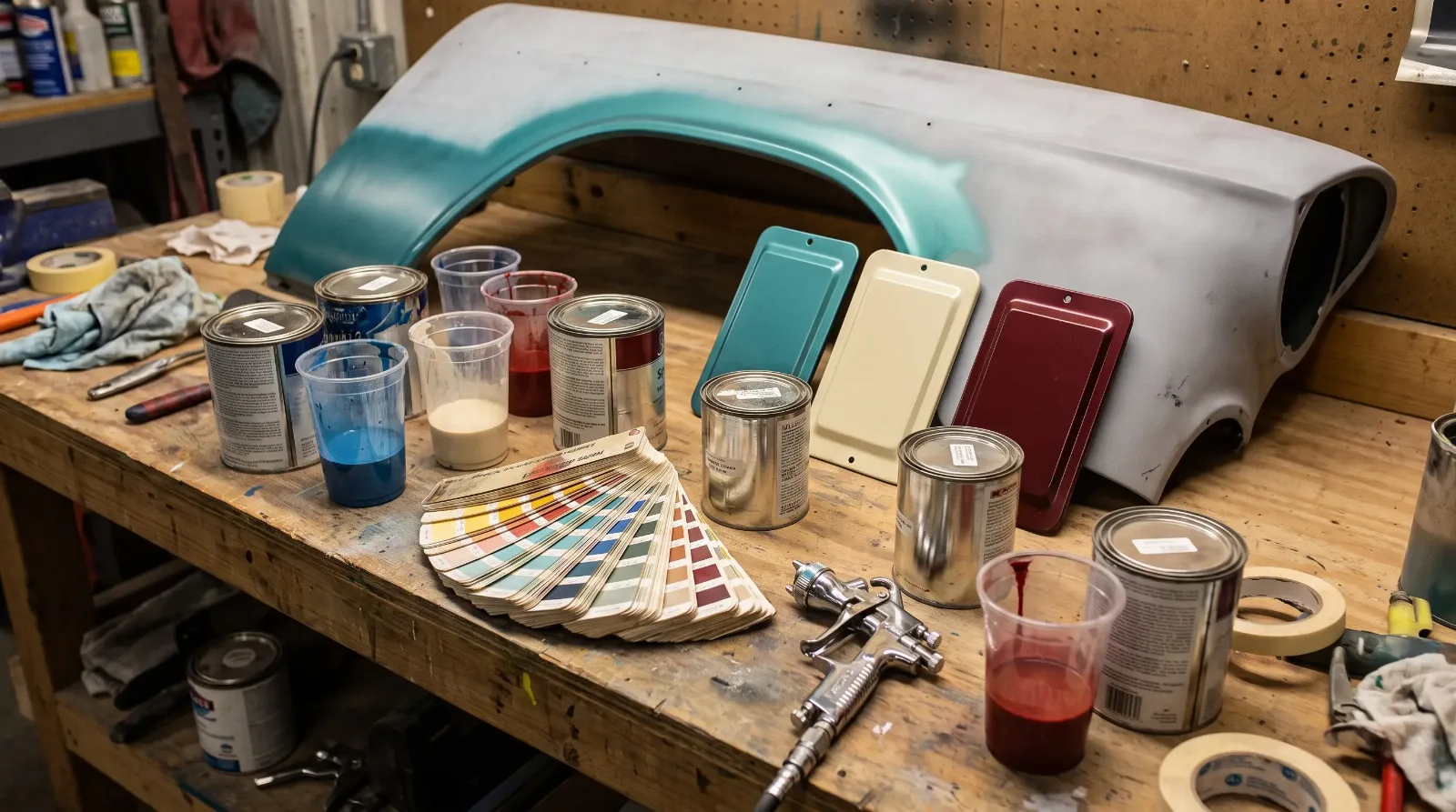 Paint shop workbench with quart cans, a color chip deck, spray gun and sample test panels beside a vintage sedan fender