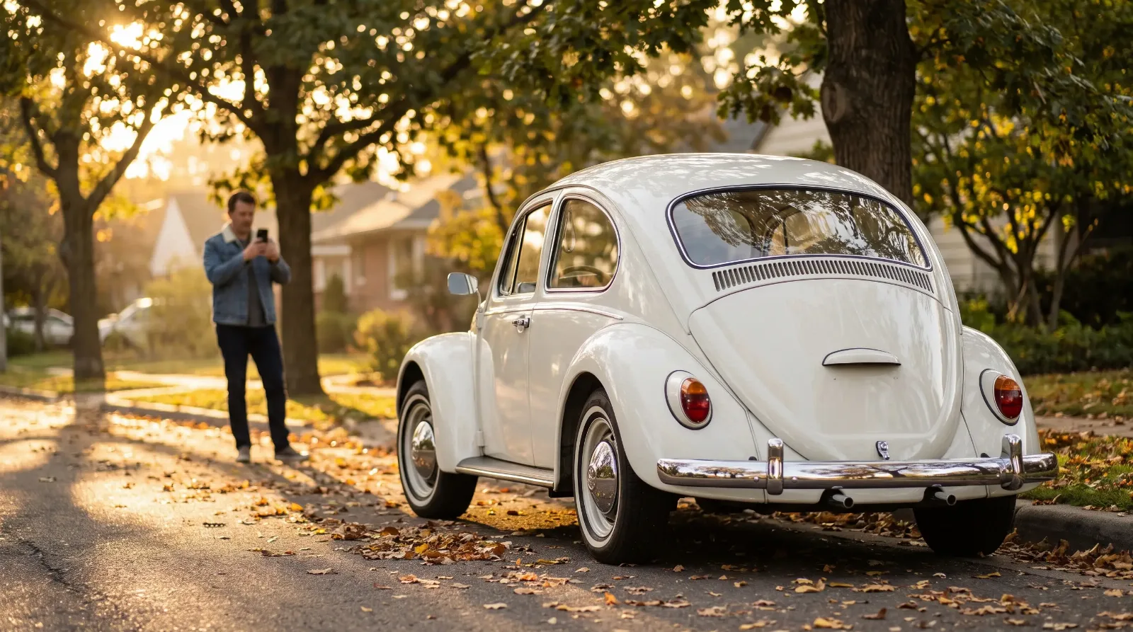 Seller photographing his white 1966 Volkswagen Beetle on a tree-lined street at golden hour