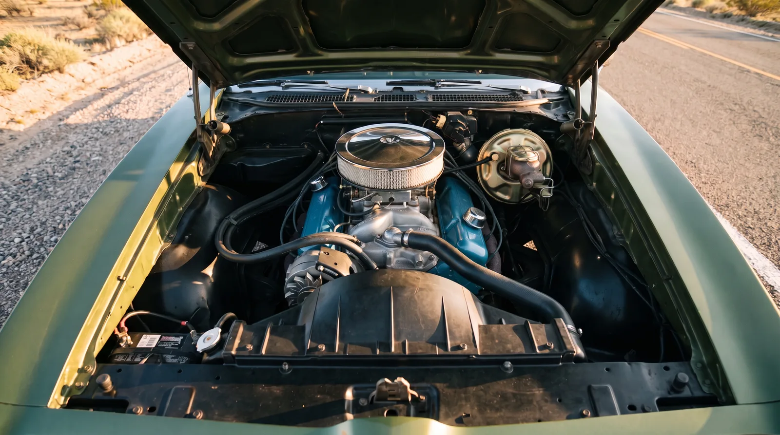 1969 Pontiac GTO 400 V8, engine bay on a desert highway