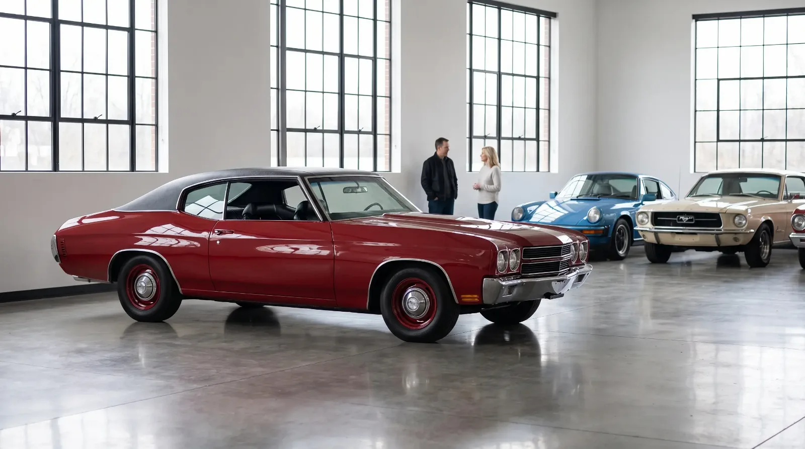 Red 1970 Chevelle with black vinyl top on a consignment showroom floor