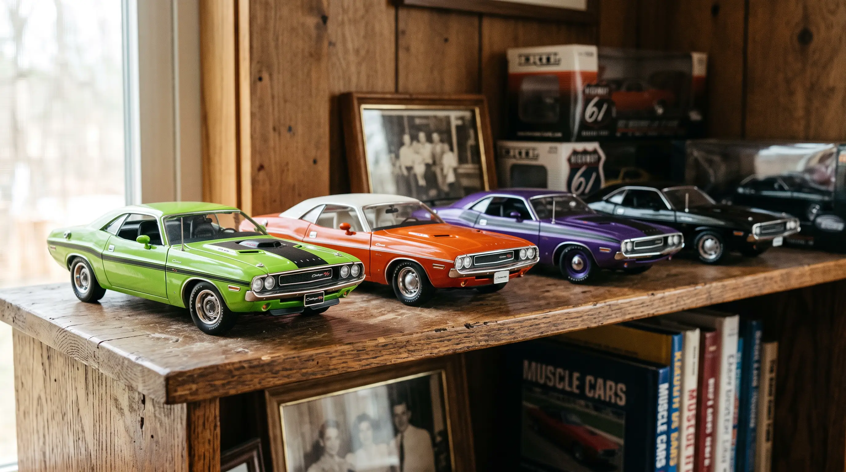 Classic Dodge Challenger diecast model cars displayed on a wooden shelf