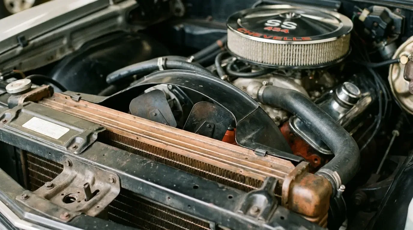 1970 Chevrolet Chevelle SS454 engine bay - radiator and clutch fan detail