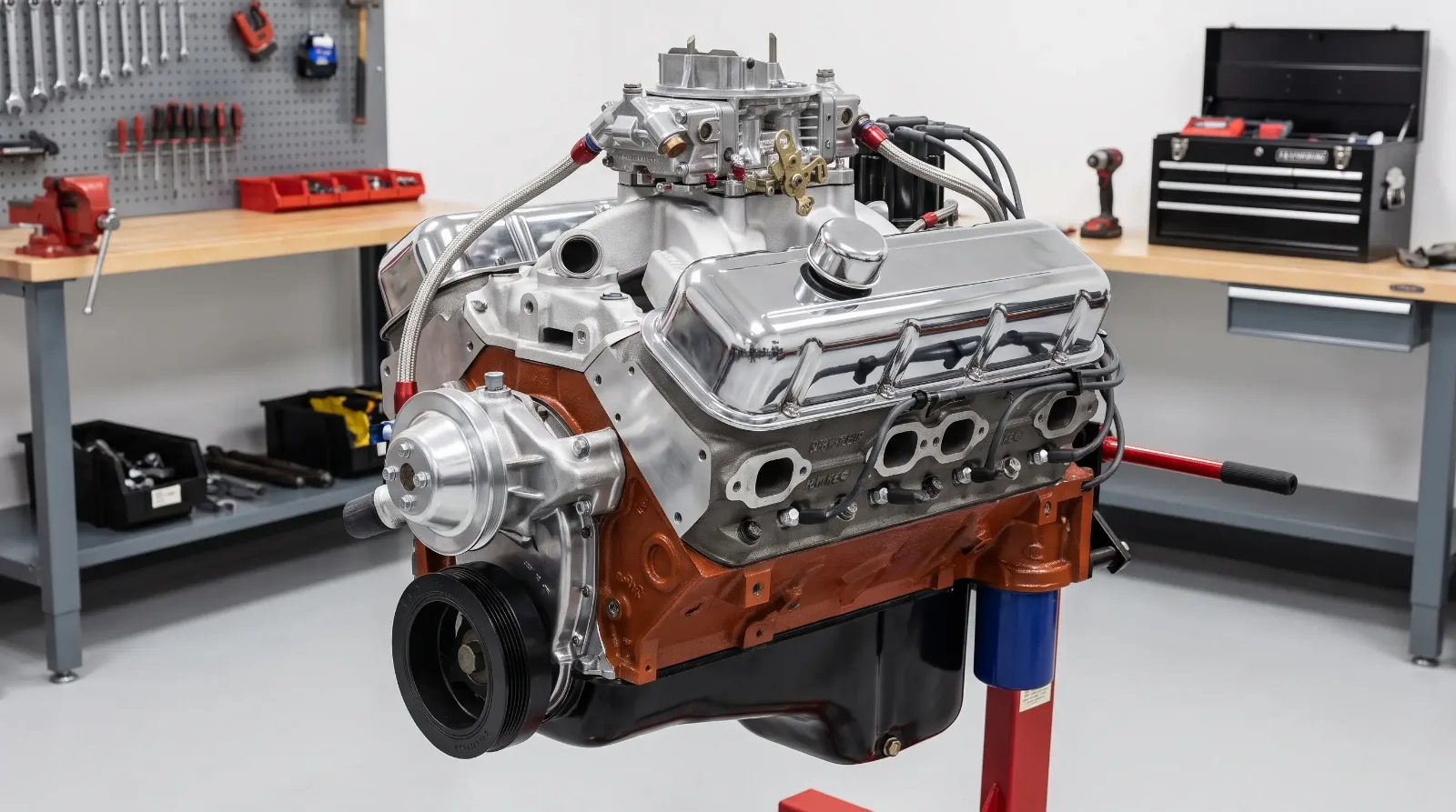 Big-block Chevrolet 454 V8 engine on an engine stand