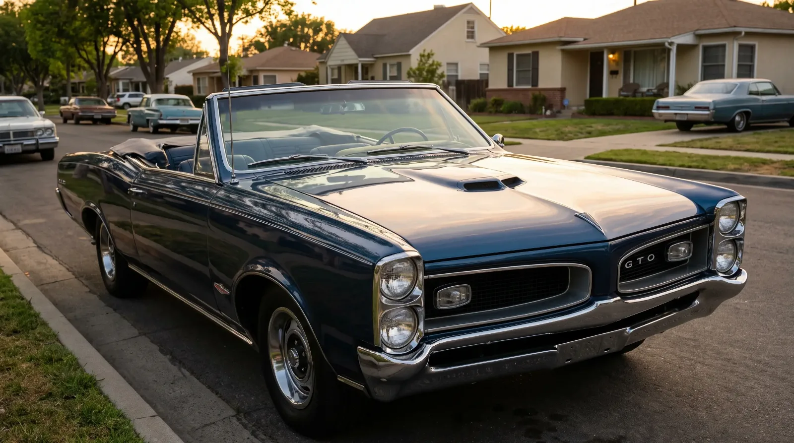 1966 Pontiac GTO in metallic blue on a suburban street