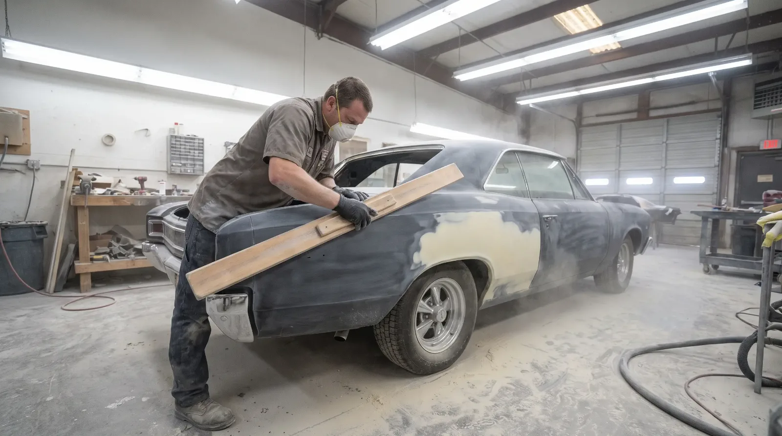 Bodyman block sanding a skim coat of body filler on the quarter panel of a 1960s coupe in gray primer