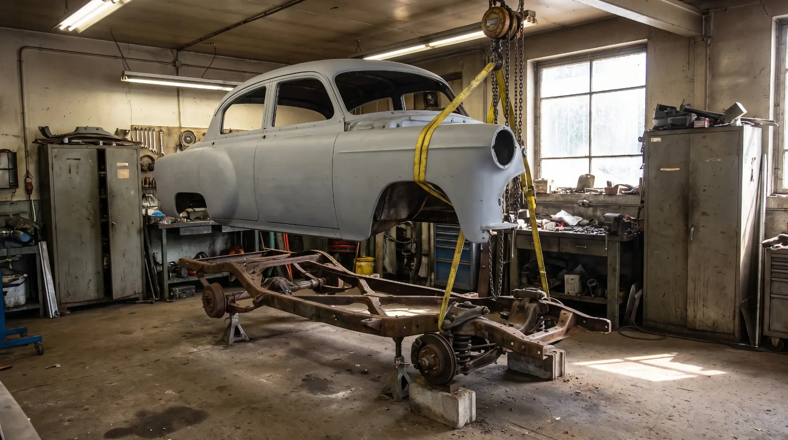 A 1950s sedan body lifted on a hoist above a bare ladder frame chassis