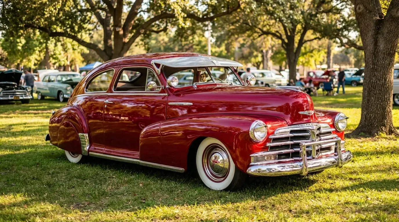 A pristine pre-1954 fat-fendered Chevrolet bomb lowrider with chrome sun visor, fender skirts, twin spotlights, and wide whitewalls, parked low and proud at a park car meet