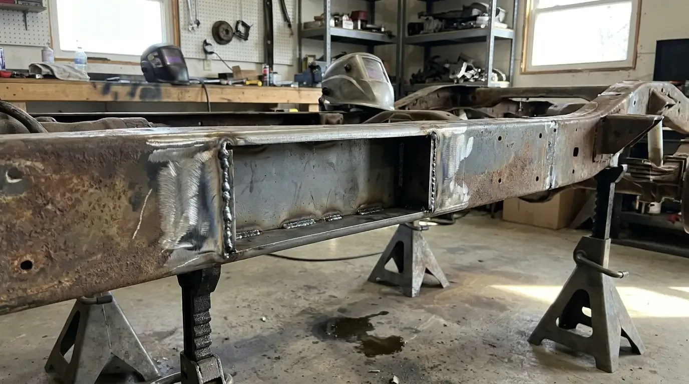 Steel boxing plate tack-welded into a C10 frame rail