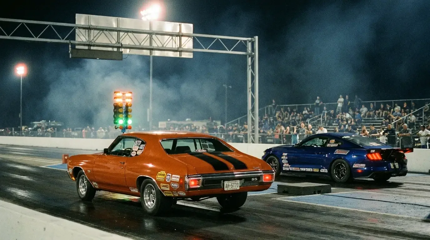 Chevrolet Chevelle staged in bracket racing lanes at night