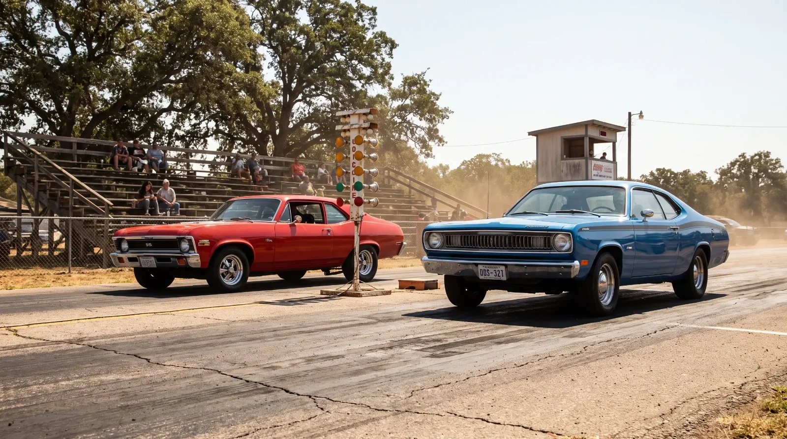Two classic muscle cars staged at a grassroots drag strip starting line