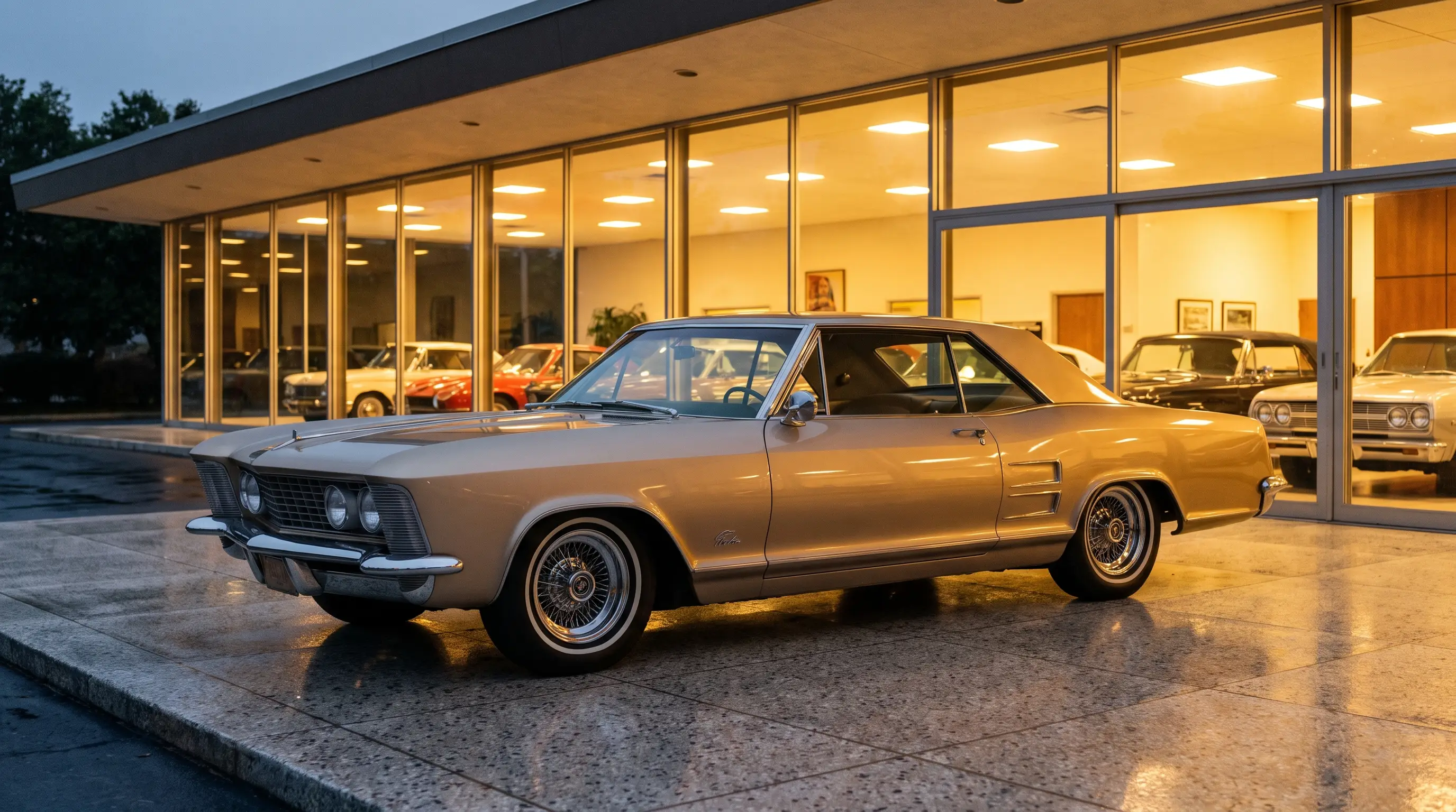Champagne gold 1963 Buick Riviera parked outside a glowing modernist showroom at dusk