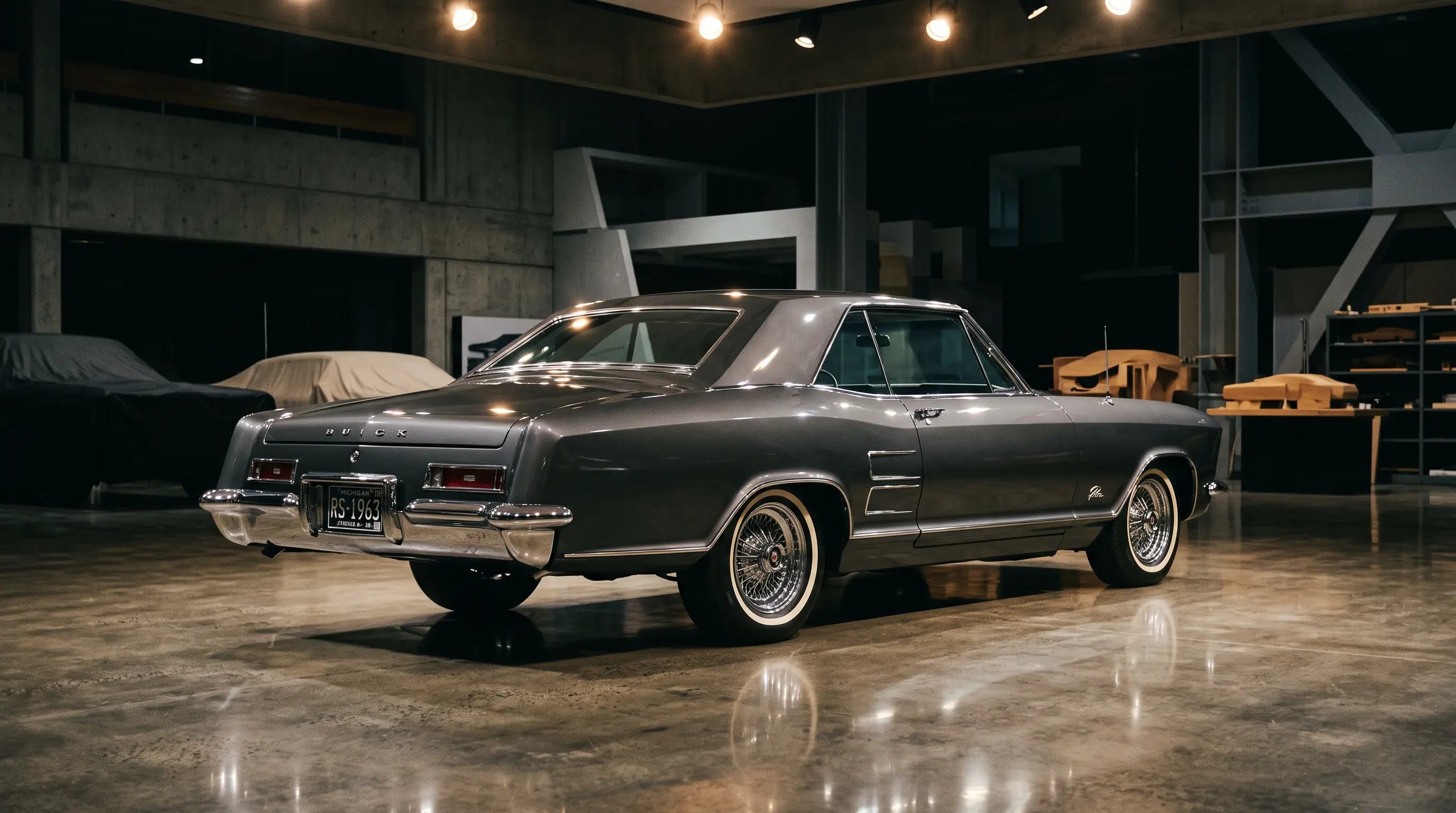 Gunmetal gray 1963 Buick Riviera inside a moody GM styling studio at night