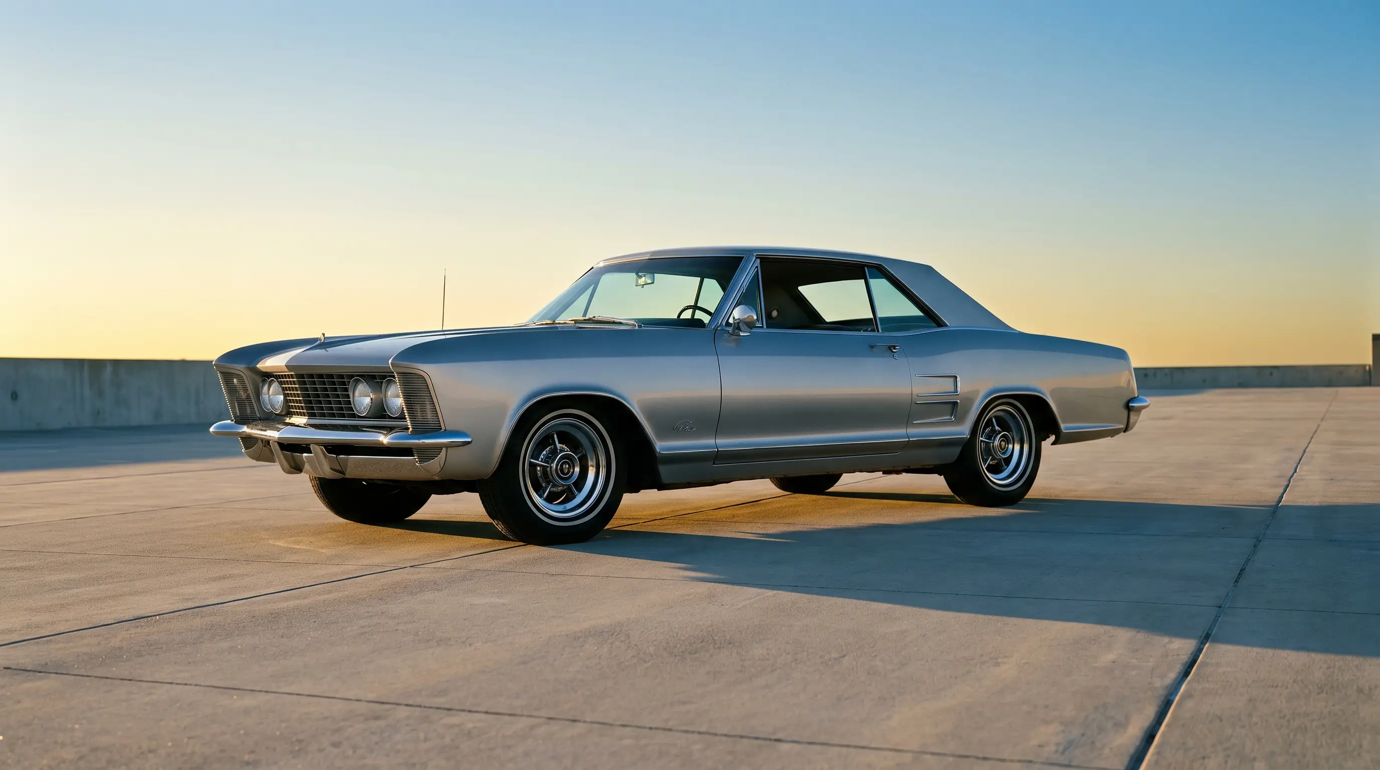 Silver 1963 Buick Riviera showing its sharp knife edge beltline crease at dawn