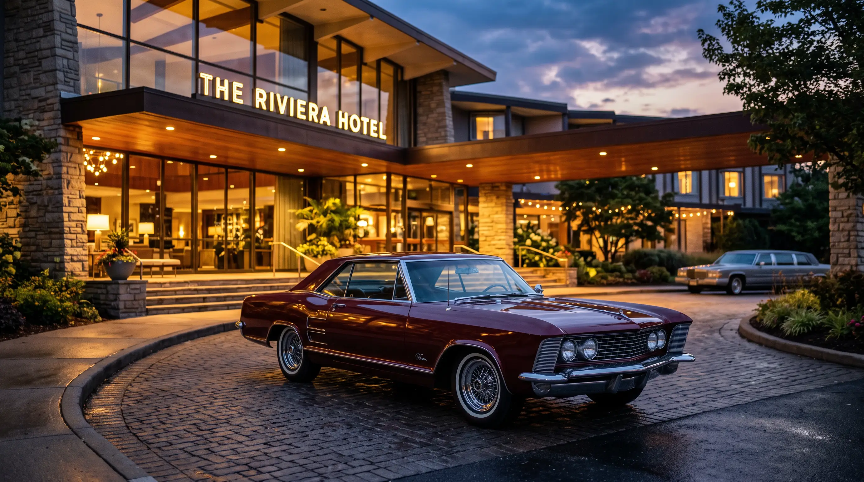 1963 Buick Riviera in burgundy parked outside a grand hotel entrance at twilight