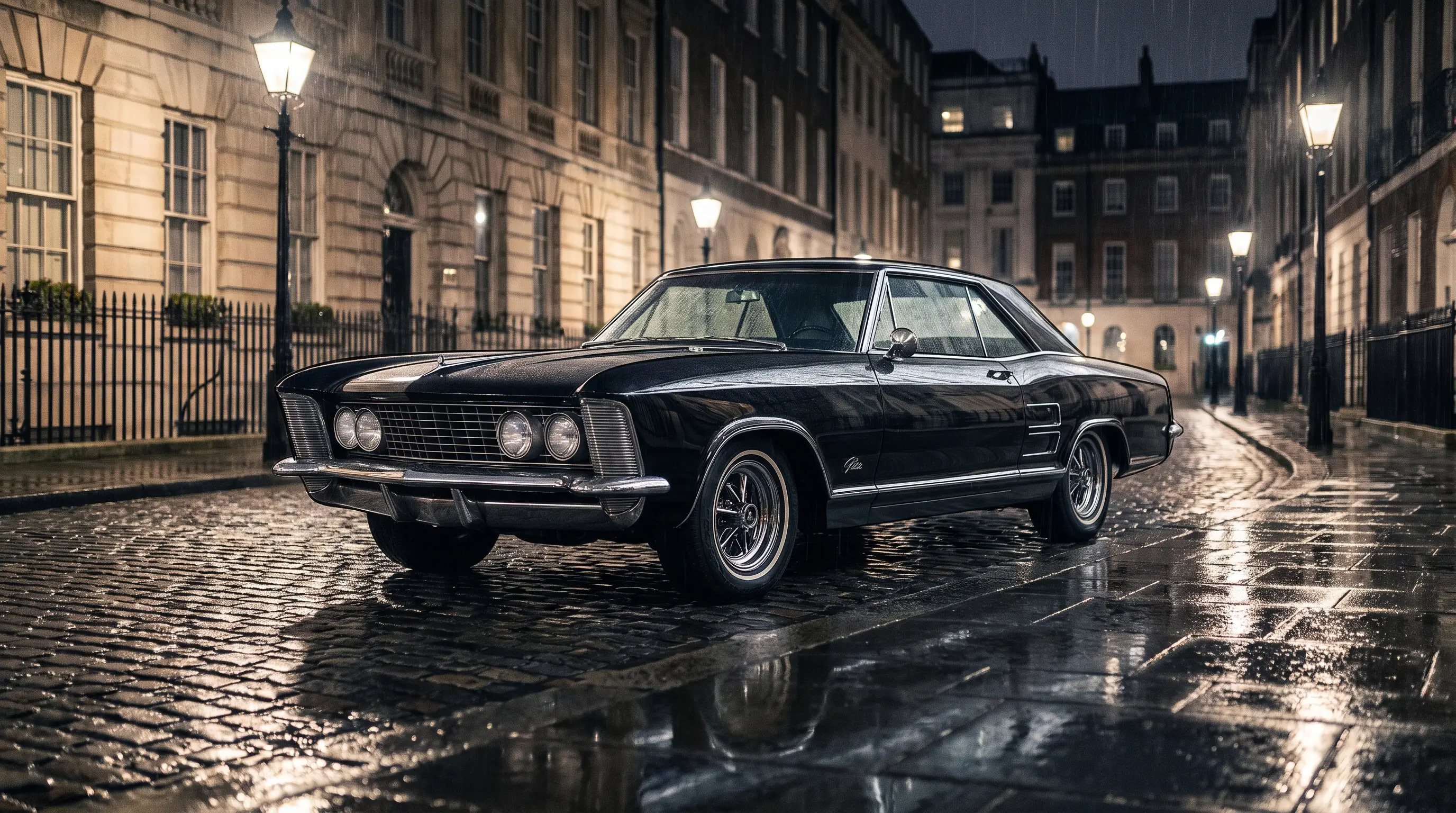 1963 Buick Riviera in black on a wet London style street reflecting streetlamps at night