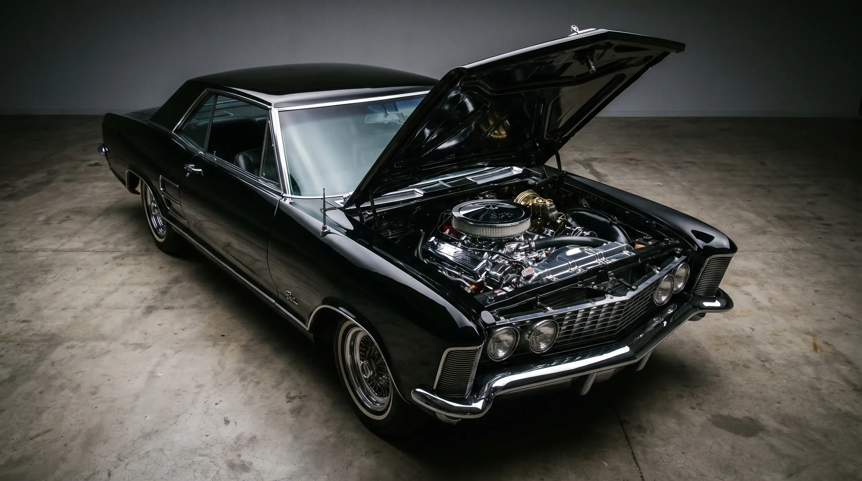 Black 1963 Buick Riviera with hood open showing a polished 401 Nailhead V8