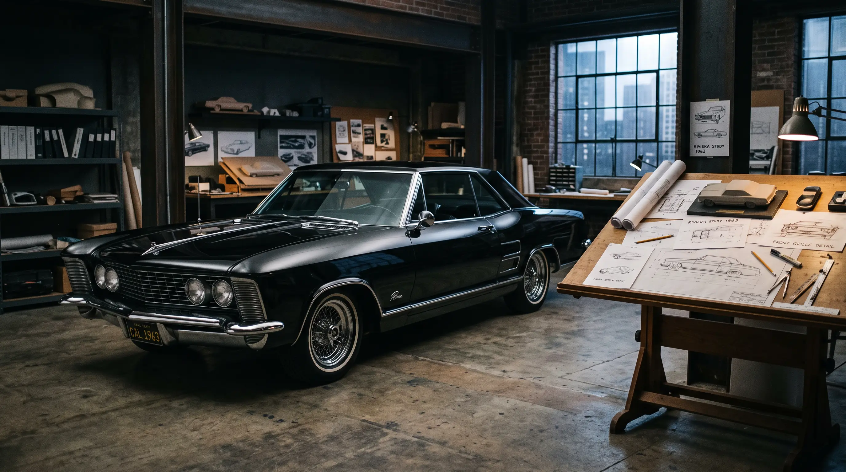 1963 Buick Riviera beside a designers drafting table with blueprints under moody lighting