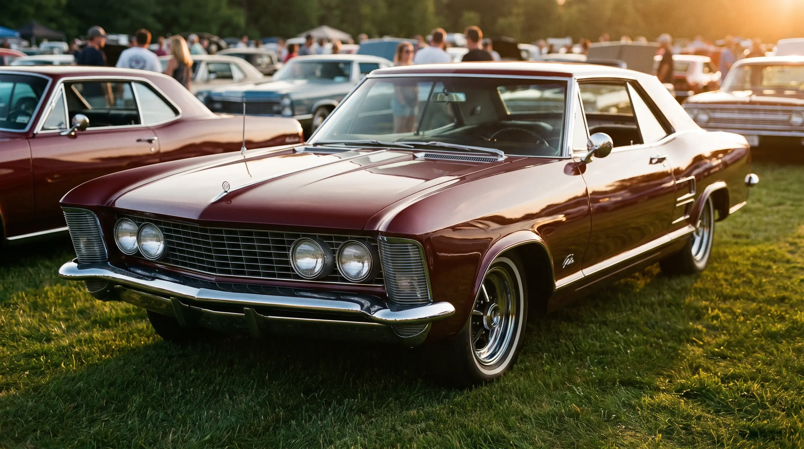 Maroon 1963 Buick Riviera at a classic car show in warm evening light