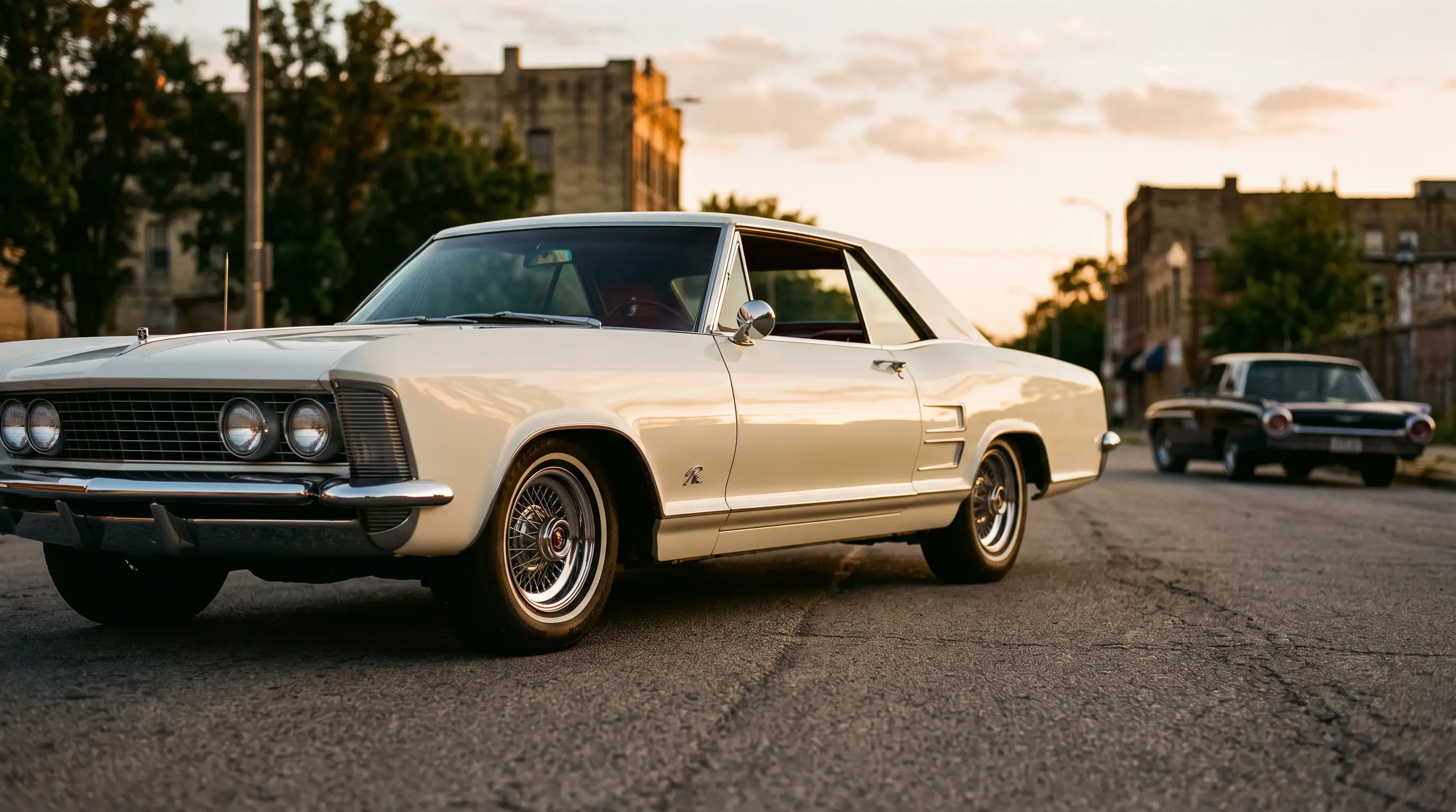 White 1963 Buick Riviera on a boulevard with a Thunderbird silhouette in the background