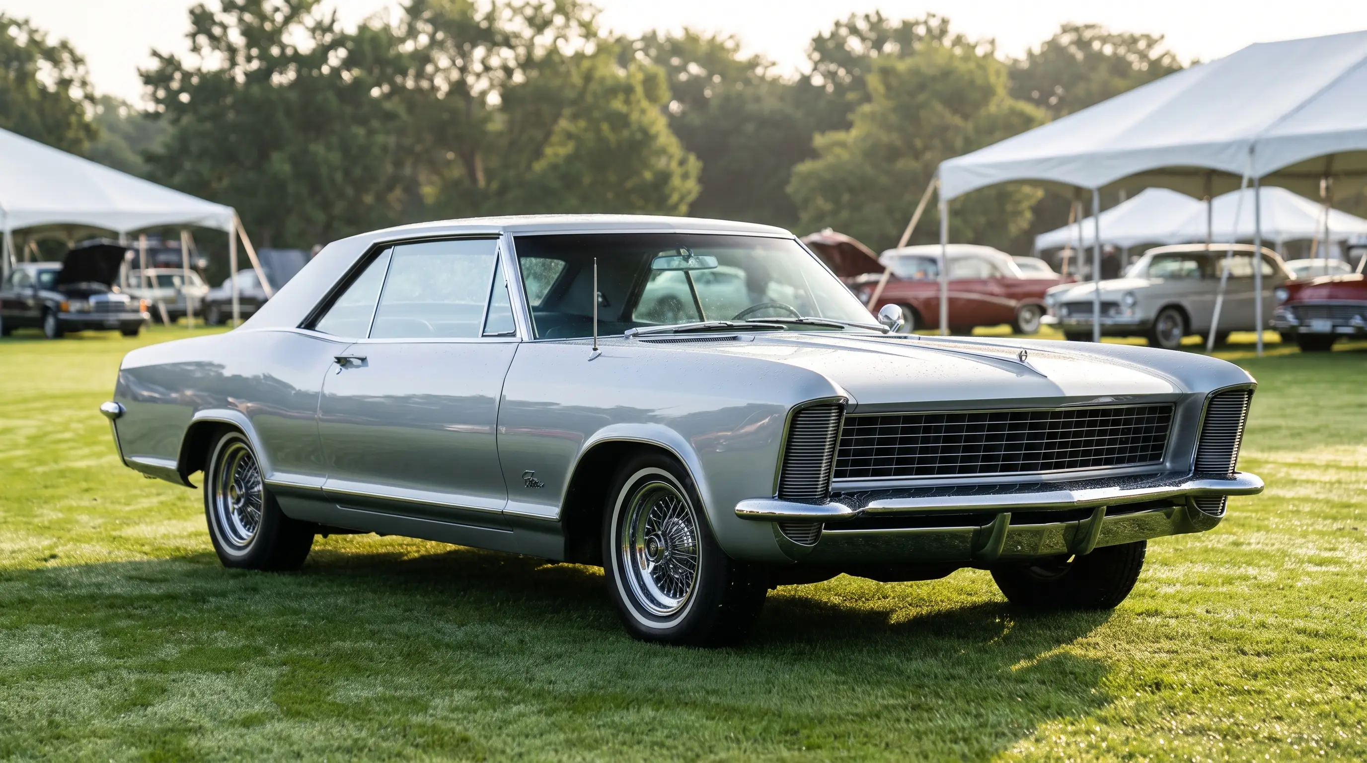 Silver 1965 Buick Riviera Gran Sport displayed on a concours lawn at dawn