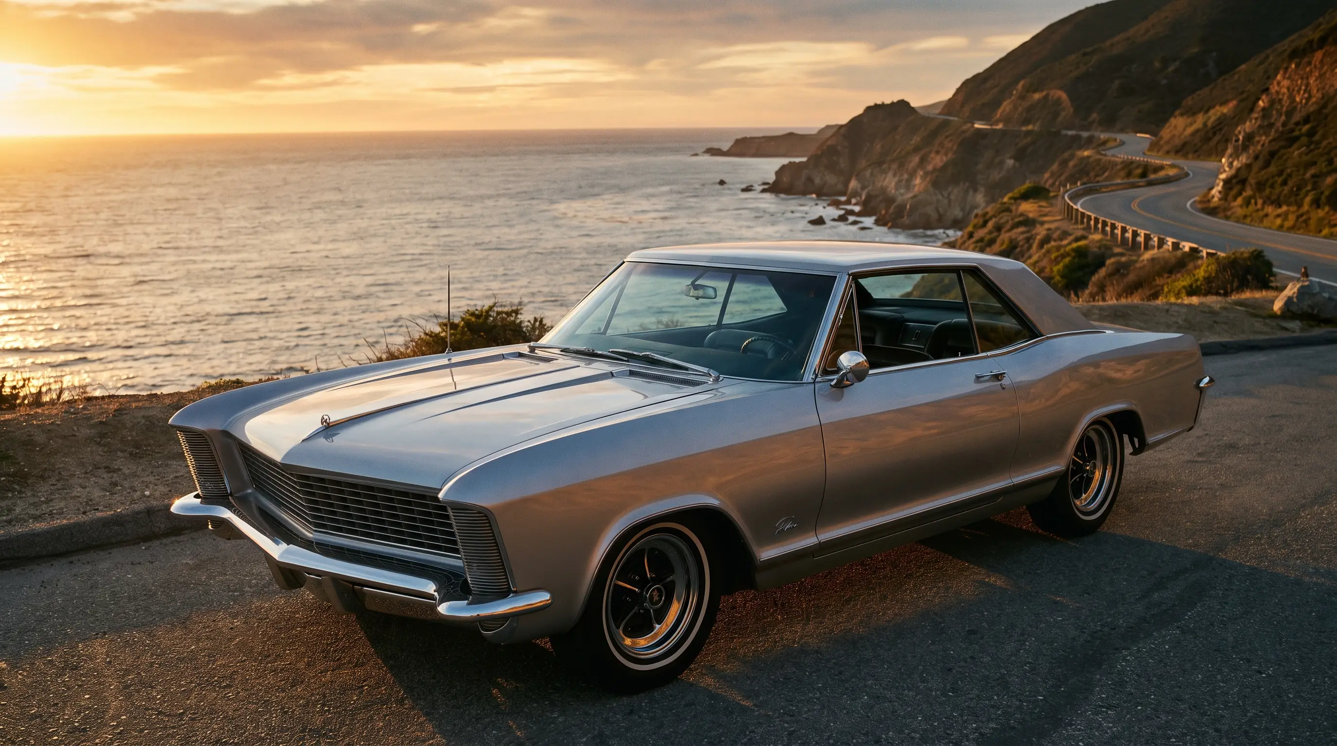 Silver 1965 Buick Riviera Gran Sport with hidden headlights on a coastal overlook