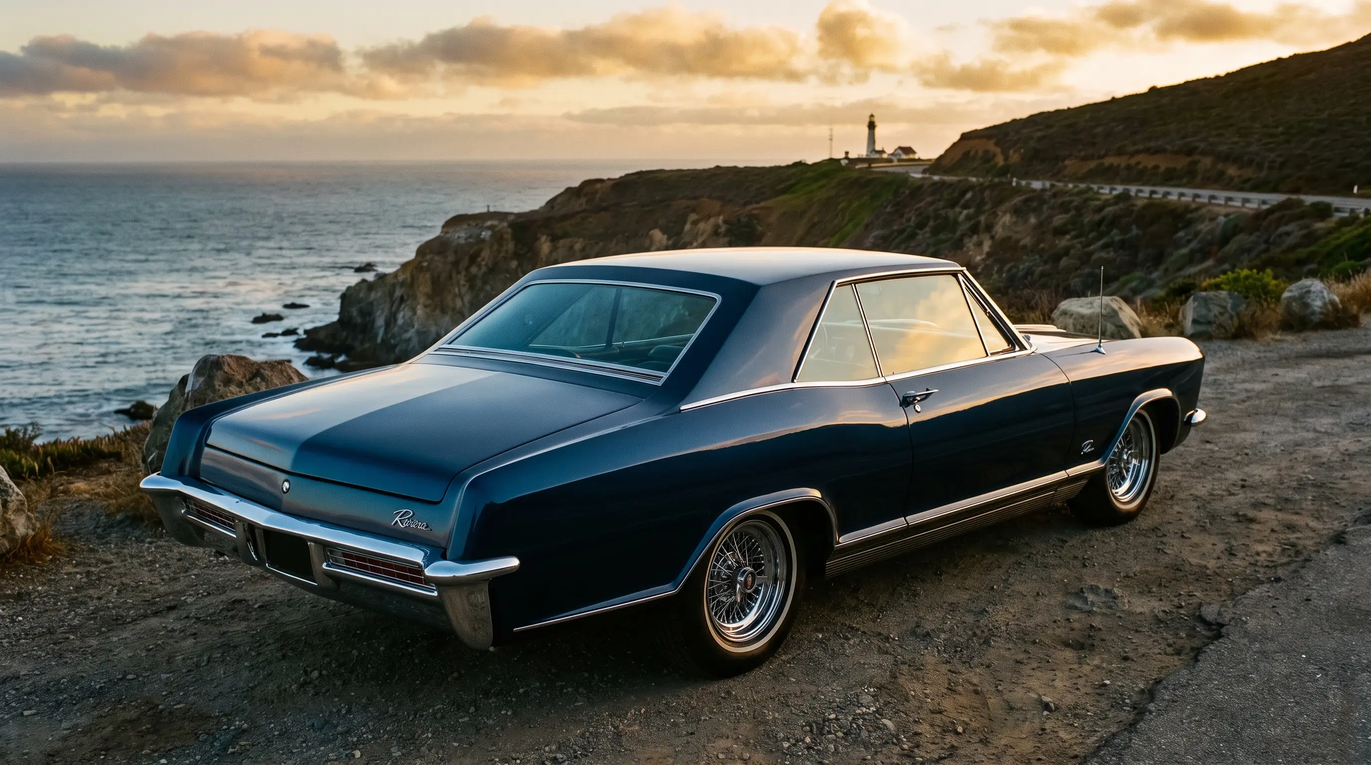 1965 Buick Riviera Gran Sport on a coastal overlook at dusk
