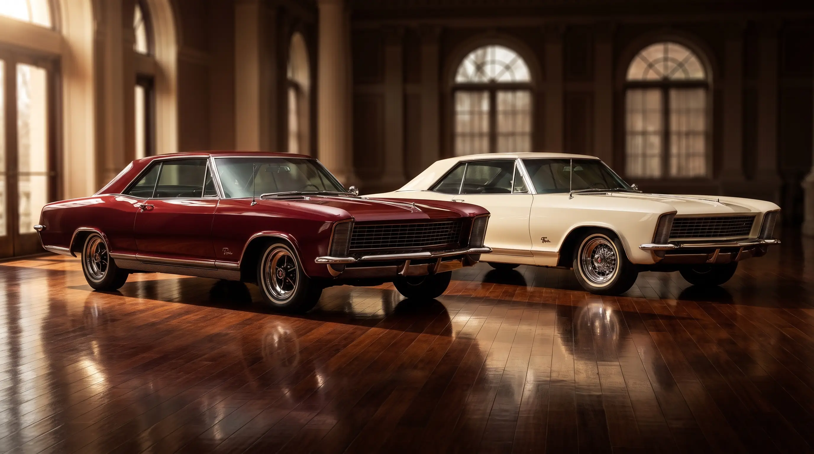 Maroon 1965 Buick Riviera Gran Sport beside a cream standard Riviera in a showroom