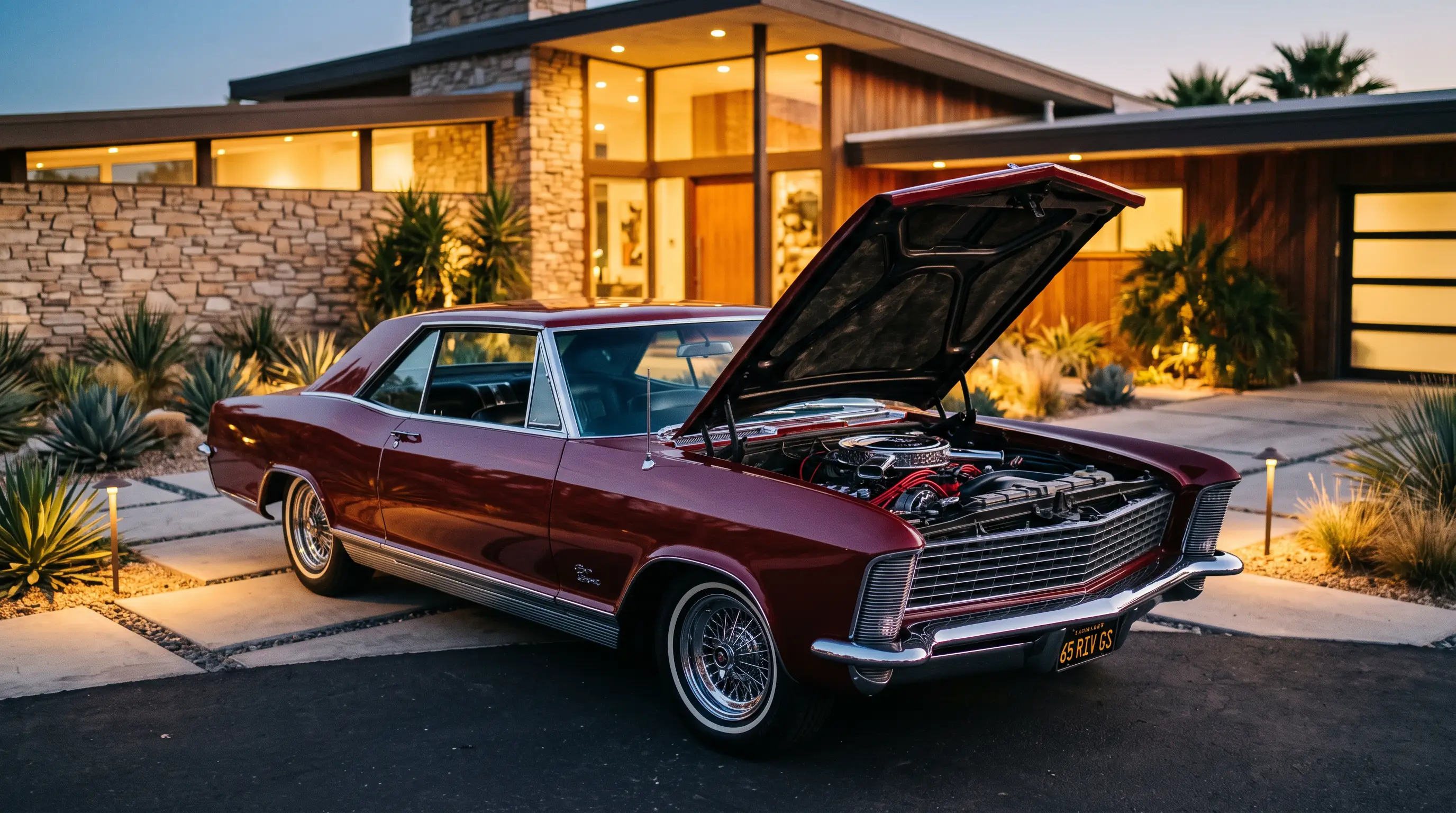 Maroon 1965 Buick Riviera Gran Sport parked by a mid century building at dusk