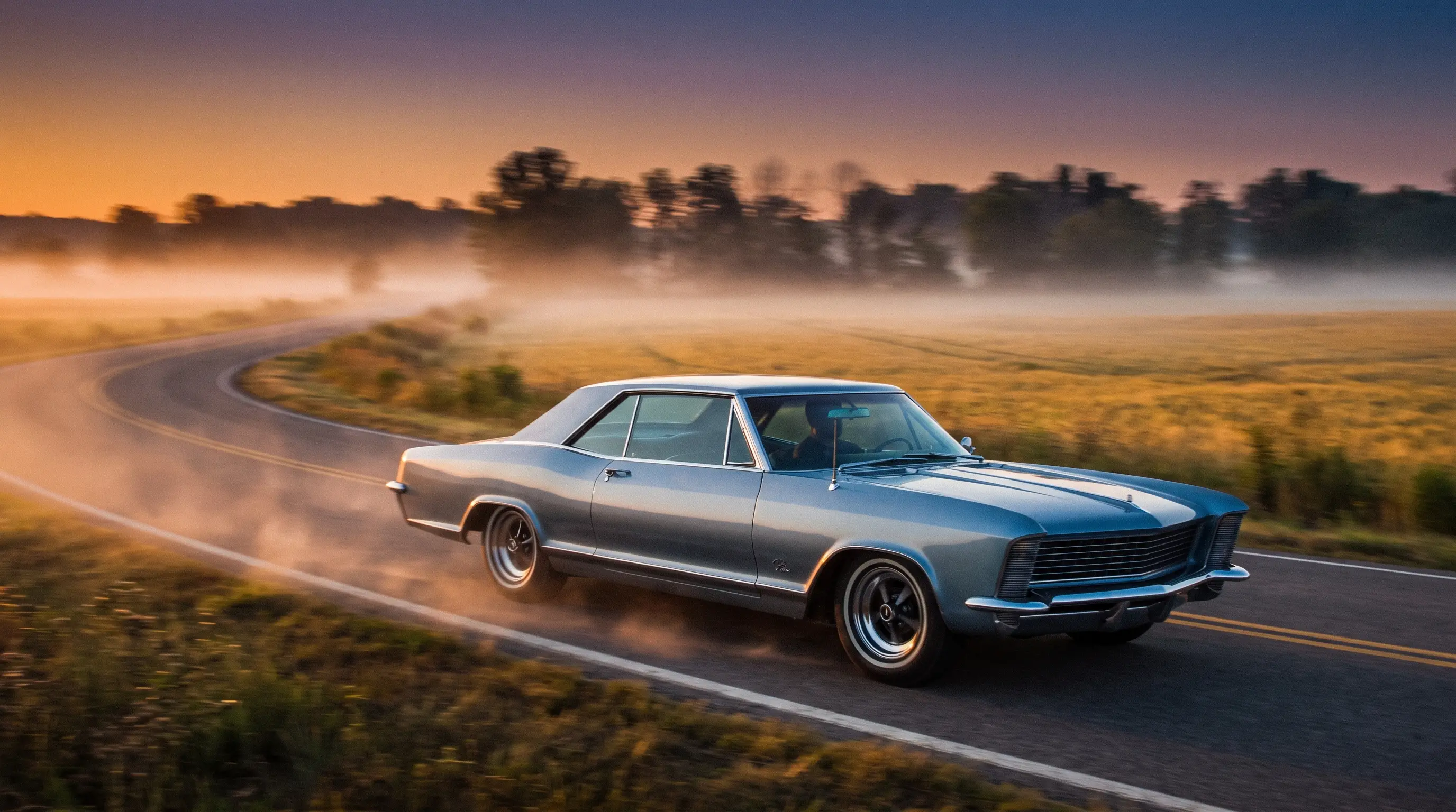 Silver blue 1965 Buick Riviera driving a misty country road at dawn