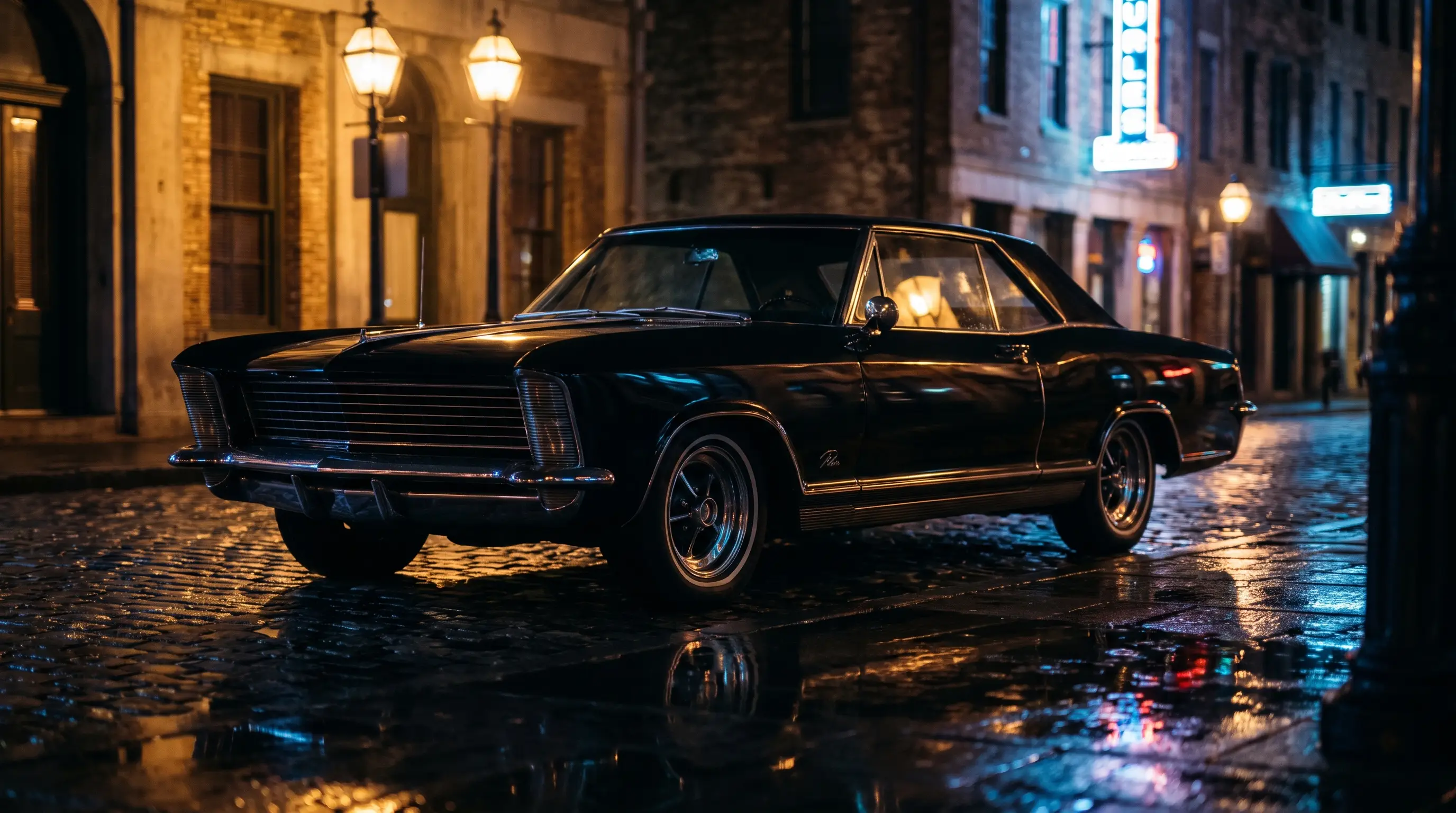 Black 1965 Buick Riviera with hidden headlamps on a wet city street at night