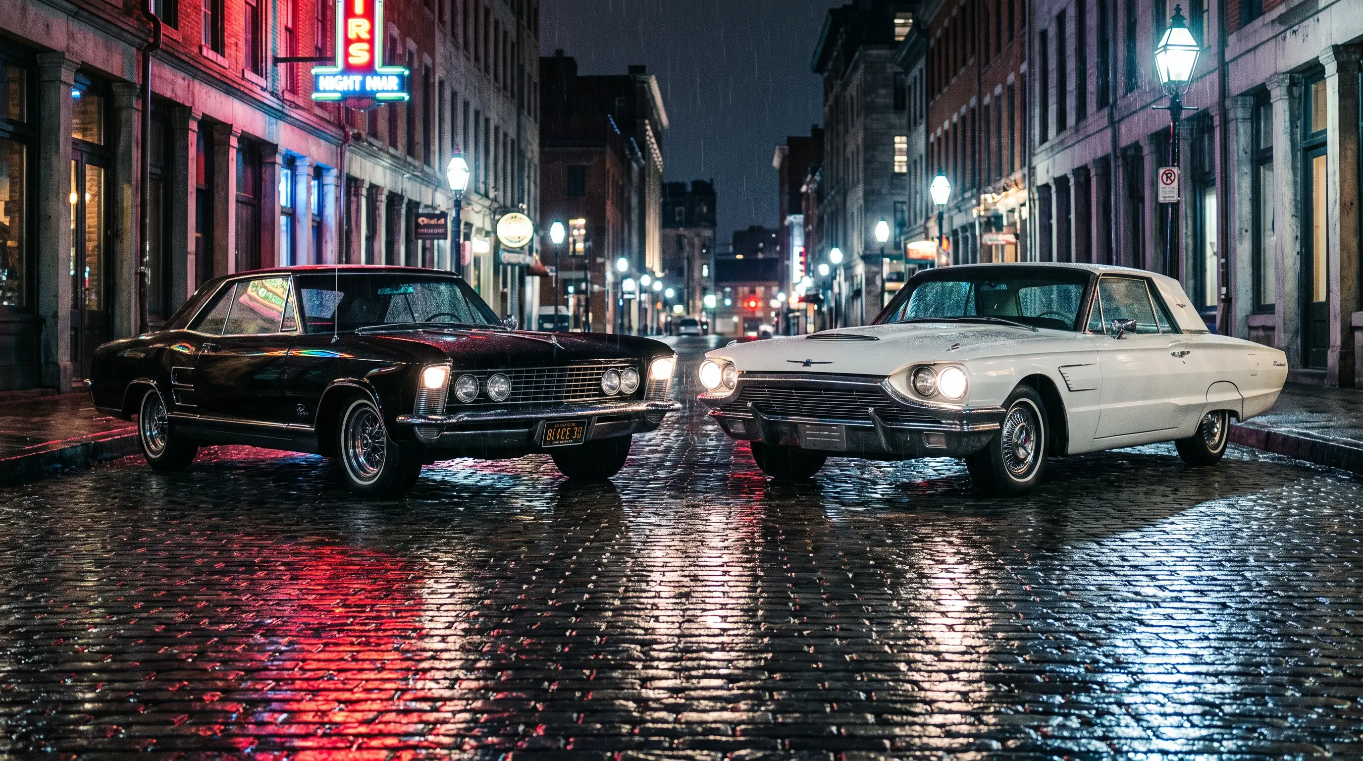 Black 1965 Buick Riviera and white Ford Thunderbird facing off on a rainy city street at night