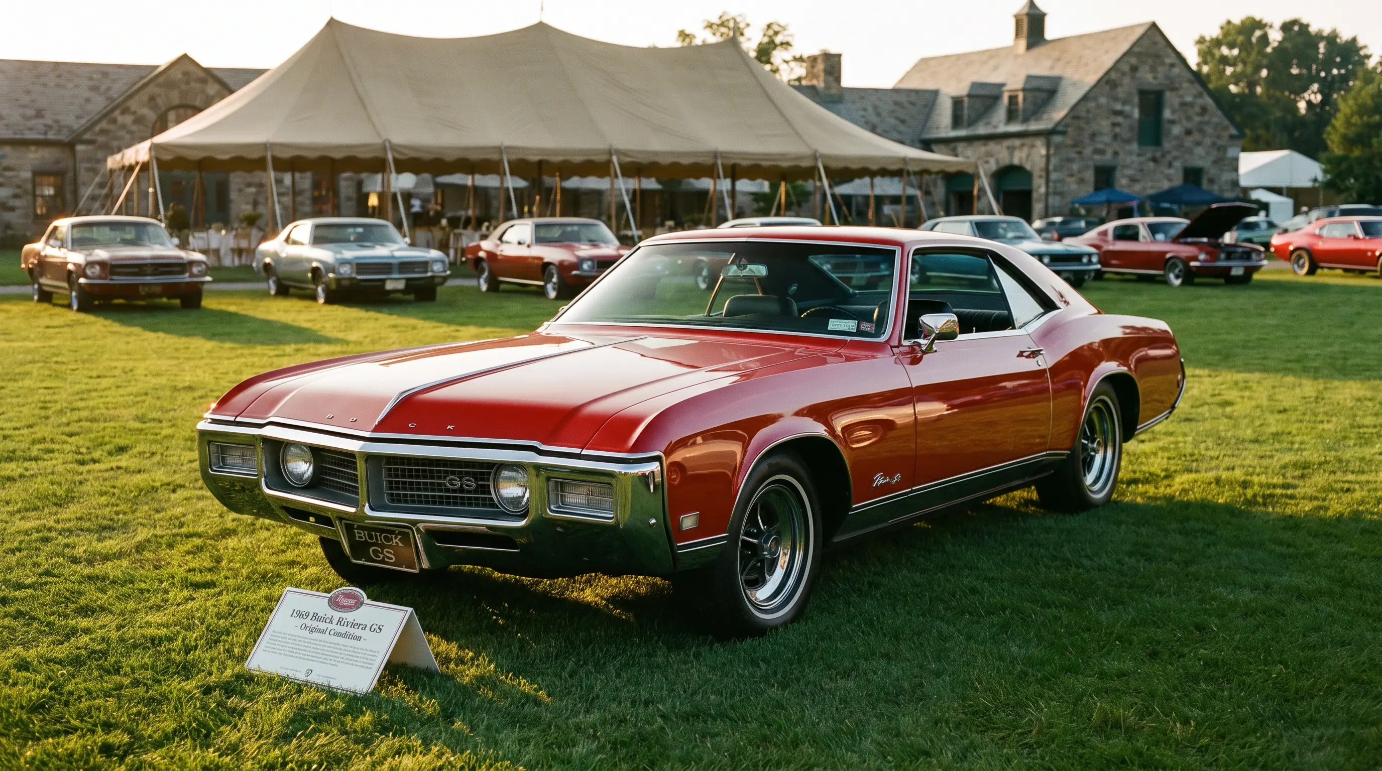 Second generation Buick Riviera parked at a collector car show with gleaming paint