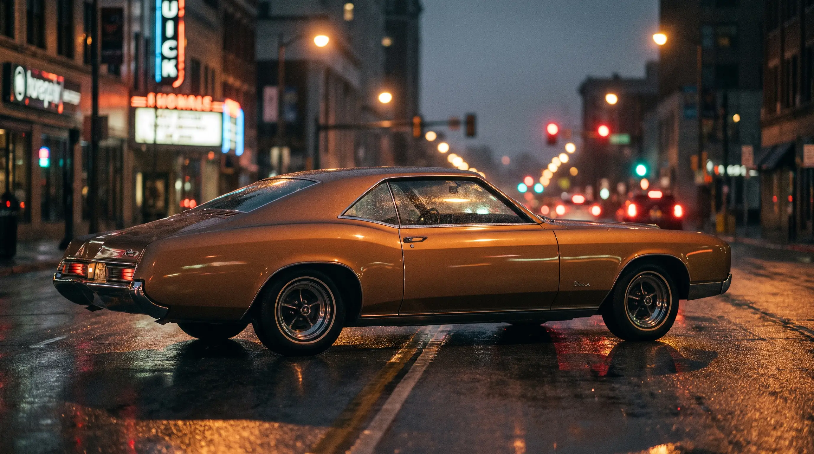 Bronze 1966 Buick Riviera fastback on a wet city street at night