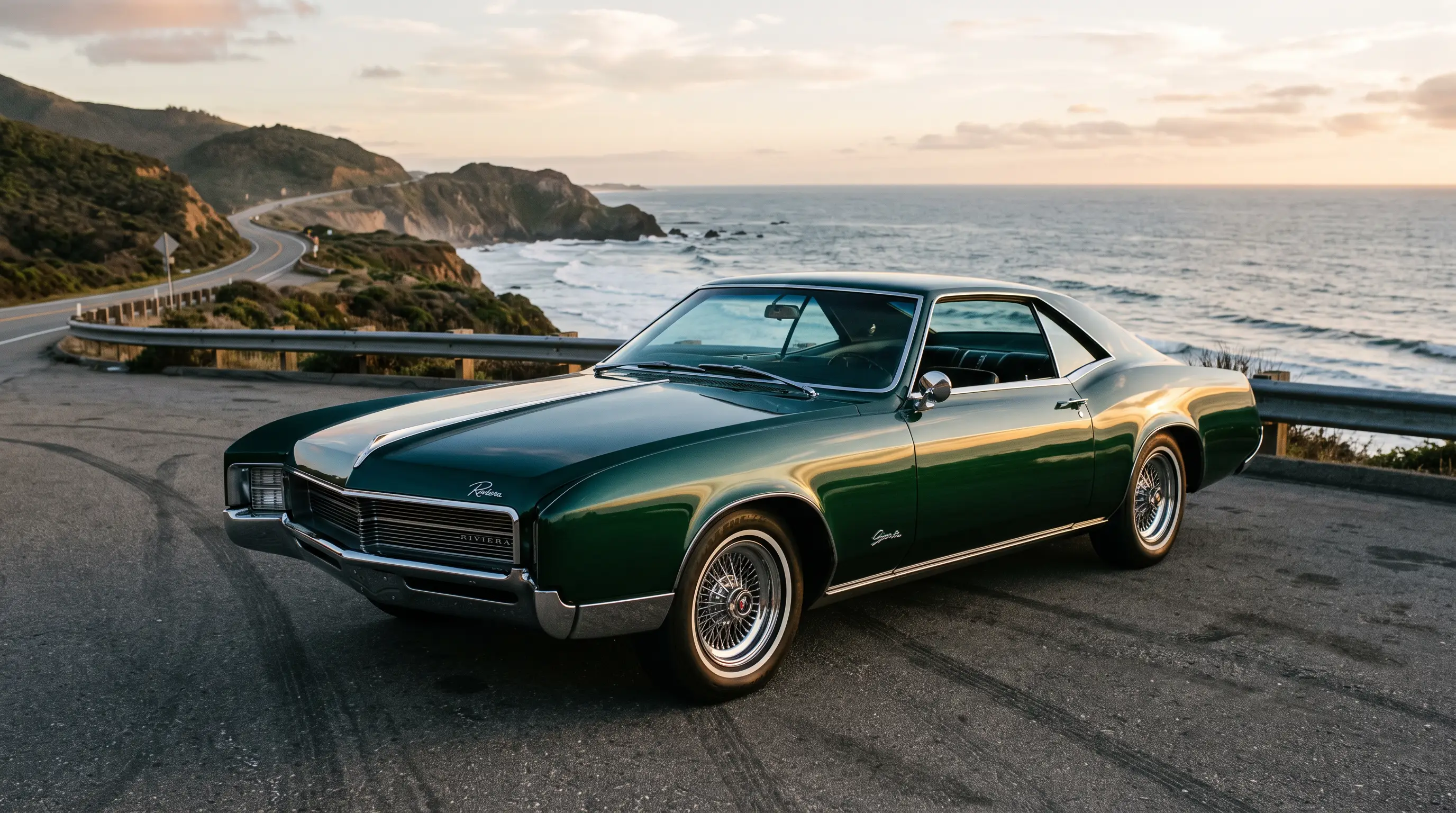 1966 to 1970 Buick Riviera fastback coupe on a coastal highway overlook at dusk