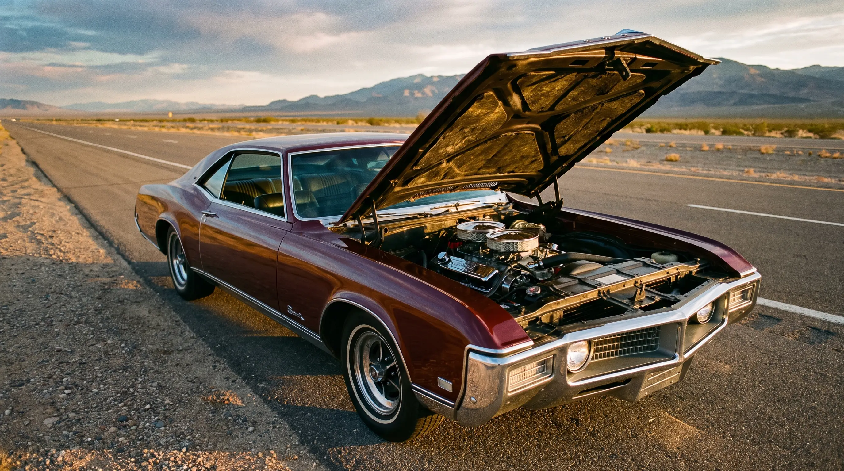 1968 Buick Riviera GS in burgundy with open hood showing dual quad big block engine