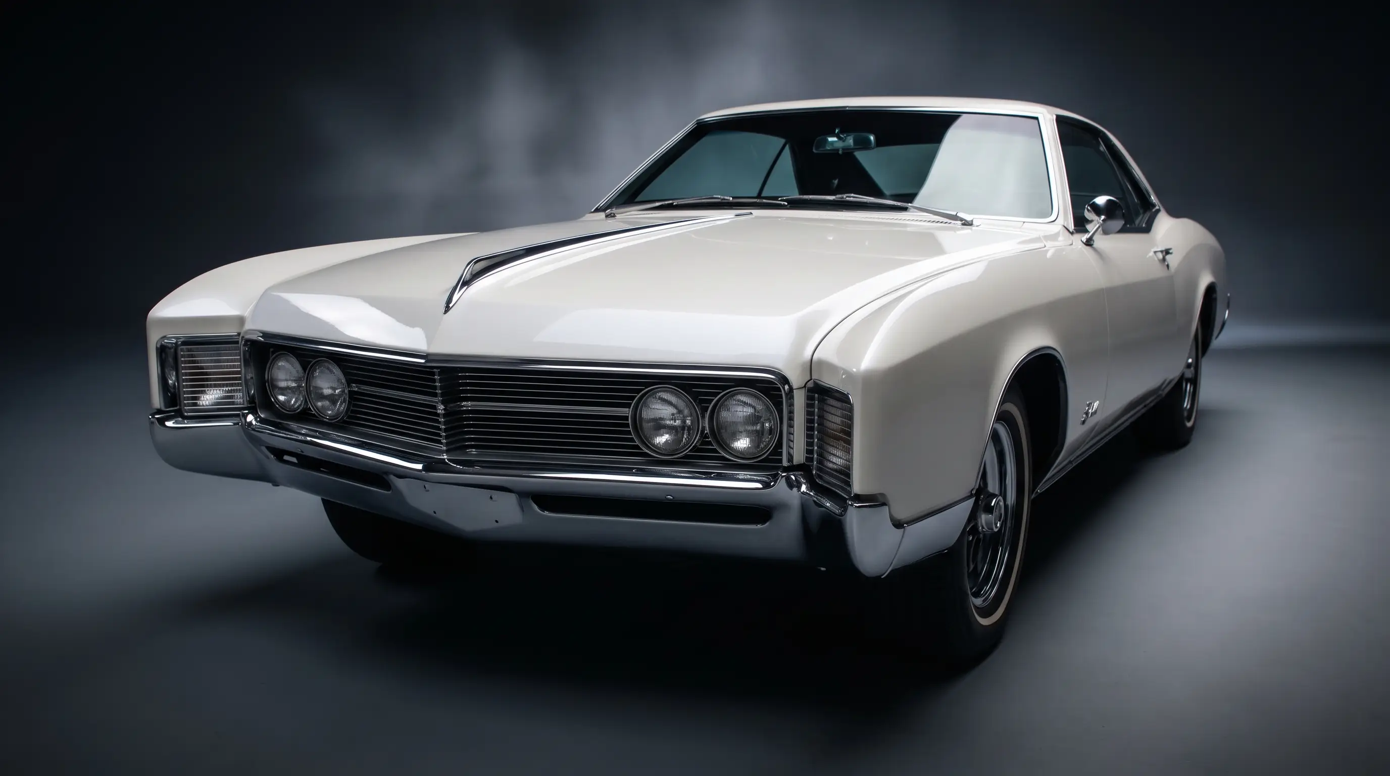 Pearl white 1966 Buick Riviera front end close up with chrome grille and studio lighting