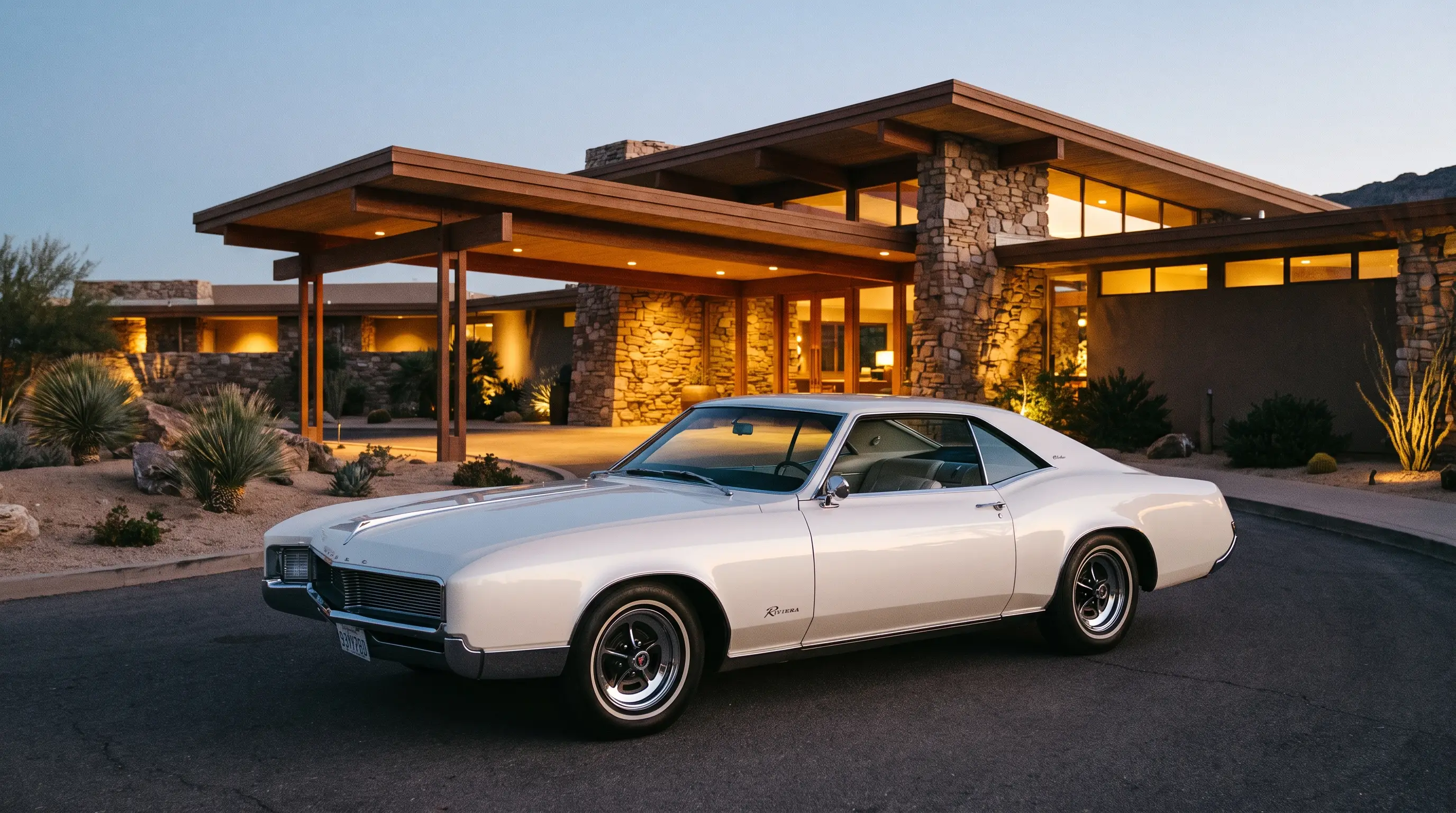 Pearl white 1966 Buick Riviera outside a luxury hotel entrance at dusk