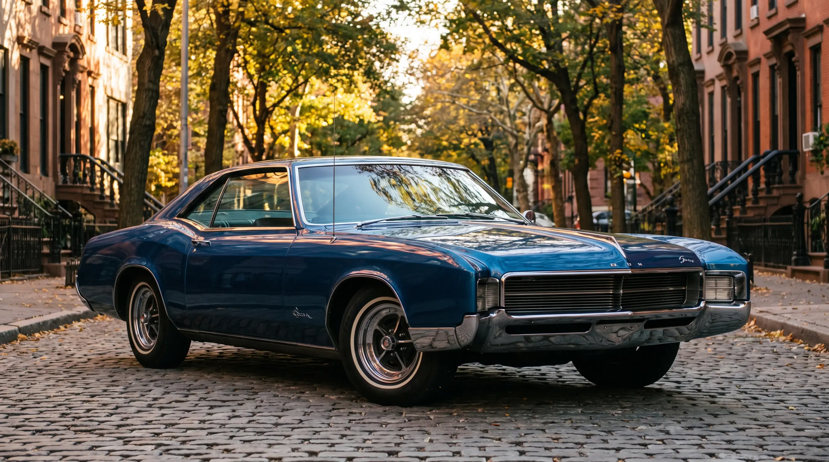 Deep blue 1966 Buick Riviera fastback parked on a tree lined city street