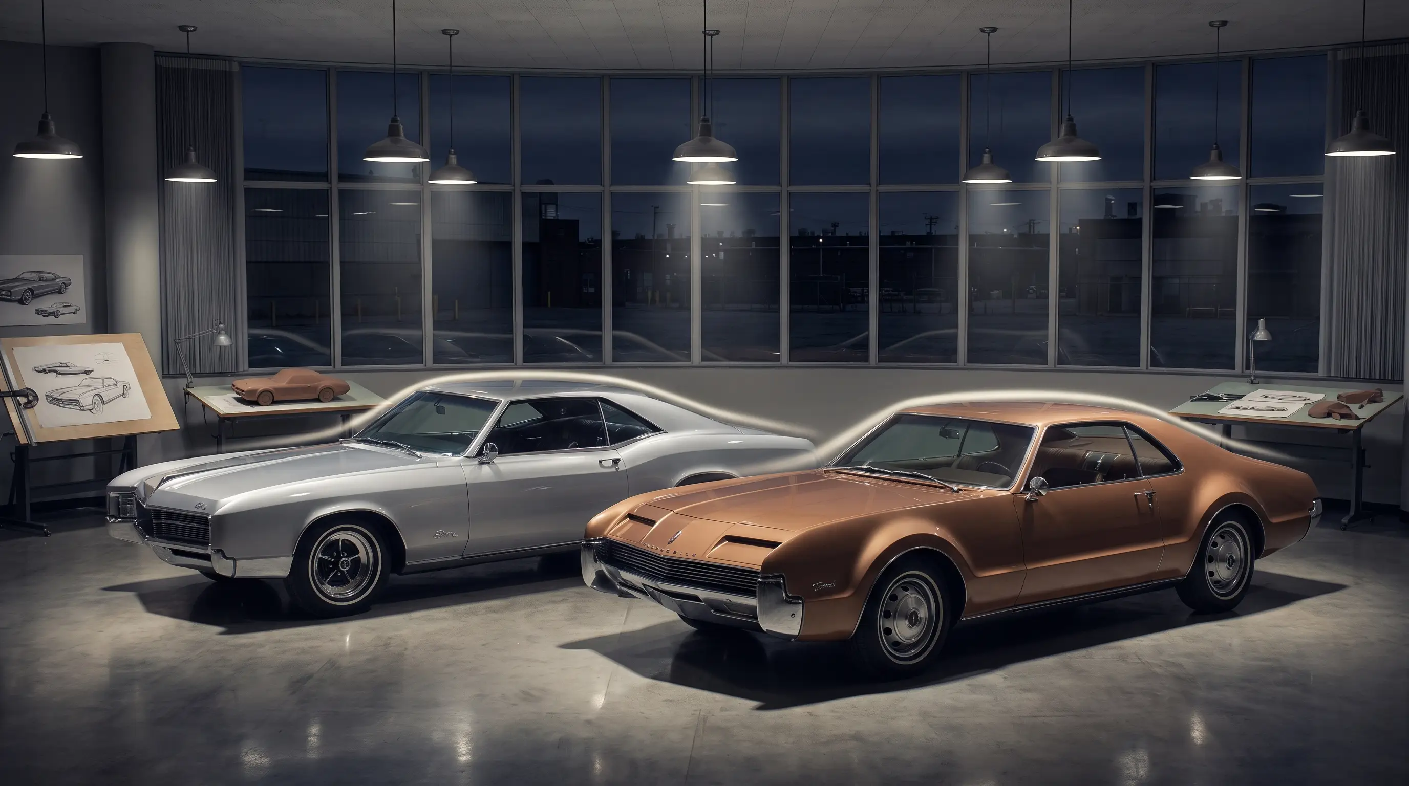 1966 Buick Riviera and Oldsmobile Toronado side by side in a GM design studio
