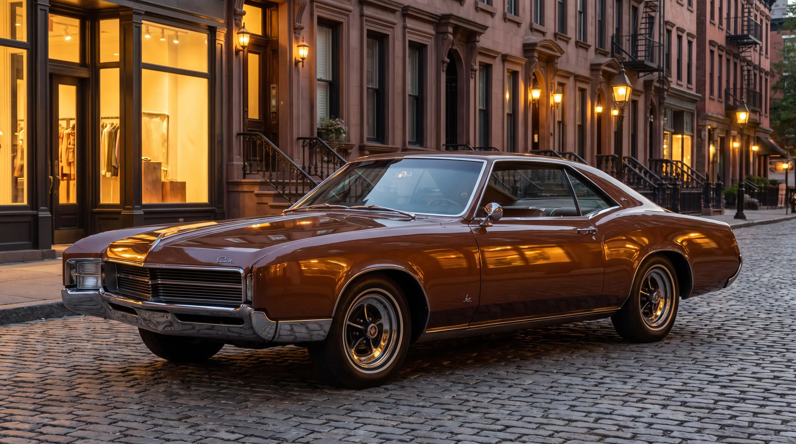Bronze 1966 Buick Riviera on a quiet street at dusk with warm streetlight glow