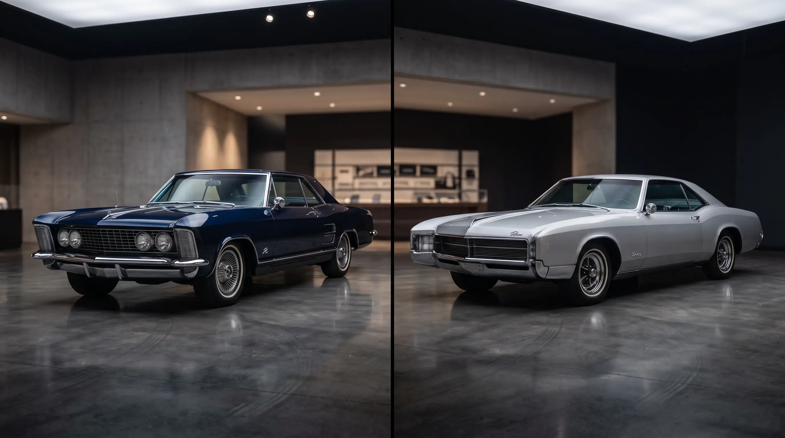 Knife edged 1963 Buick Riviera beside a flowing 1966 Riviera in a showroom