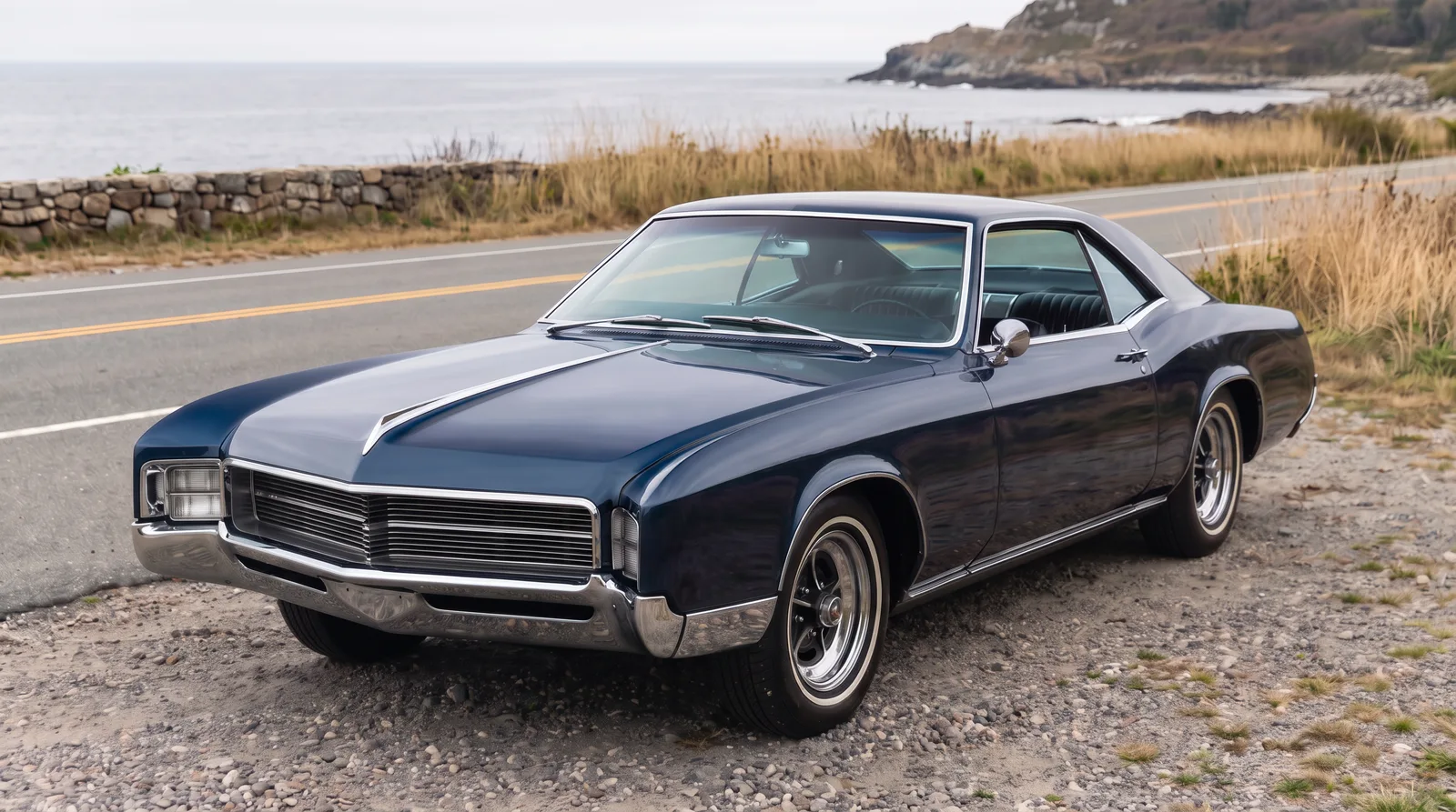 1967 Buick Riviera in midnight blue parked on the gravel shoulder of a coastal road under an overcast sky