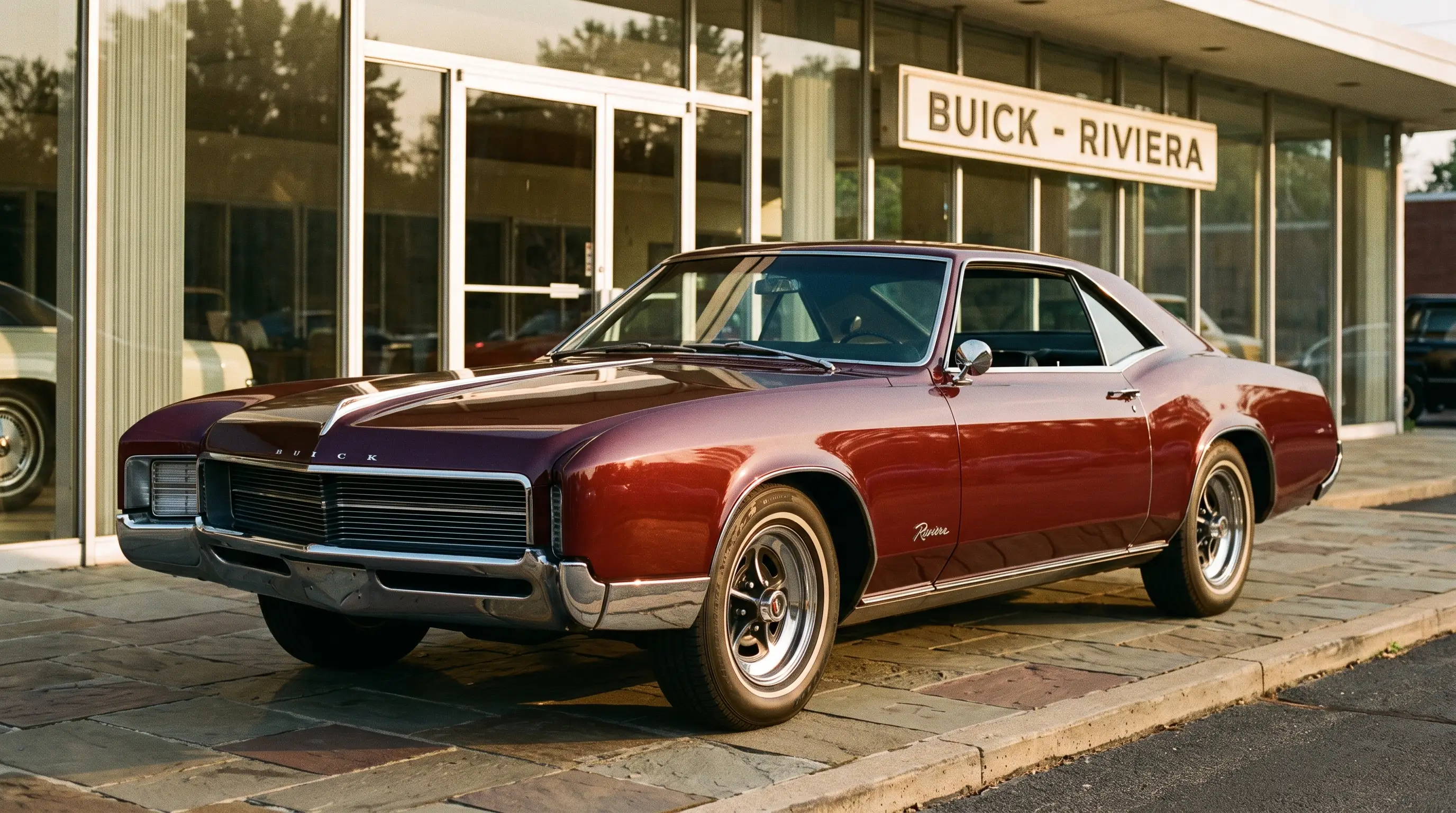 1967 Buick Riviera in maroon parked outside a mid century showroom at golden hour